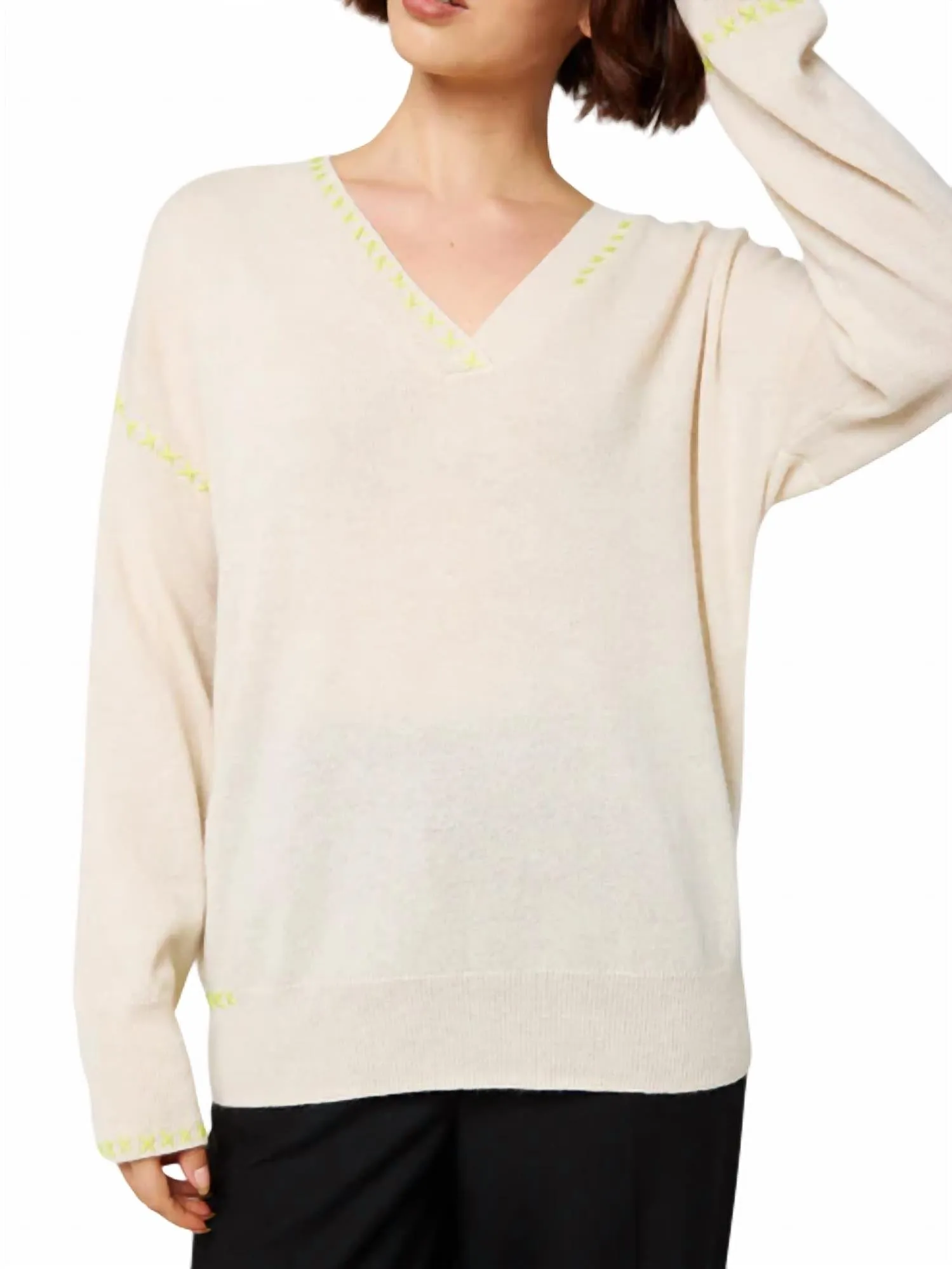 Cross Stitch V-Neck Sweater In Antique White