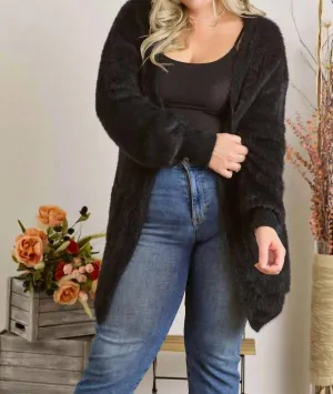 Curvy Fuzzy Solid Open Cardigan In Black