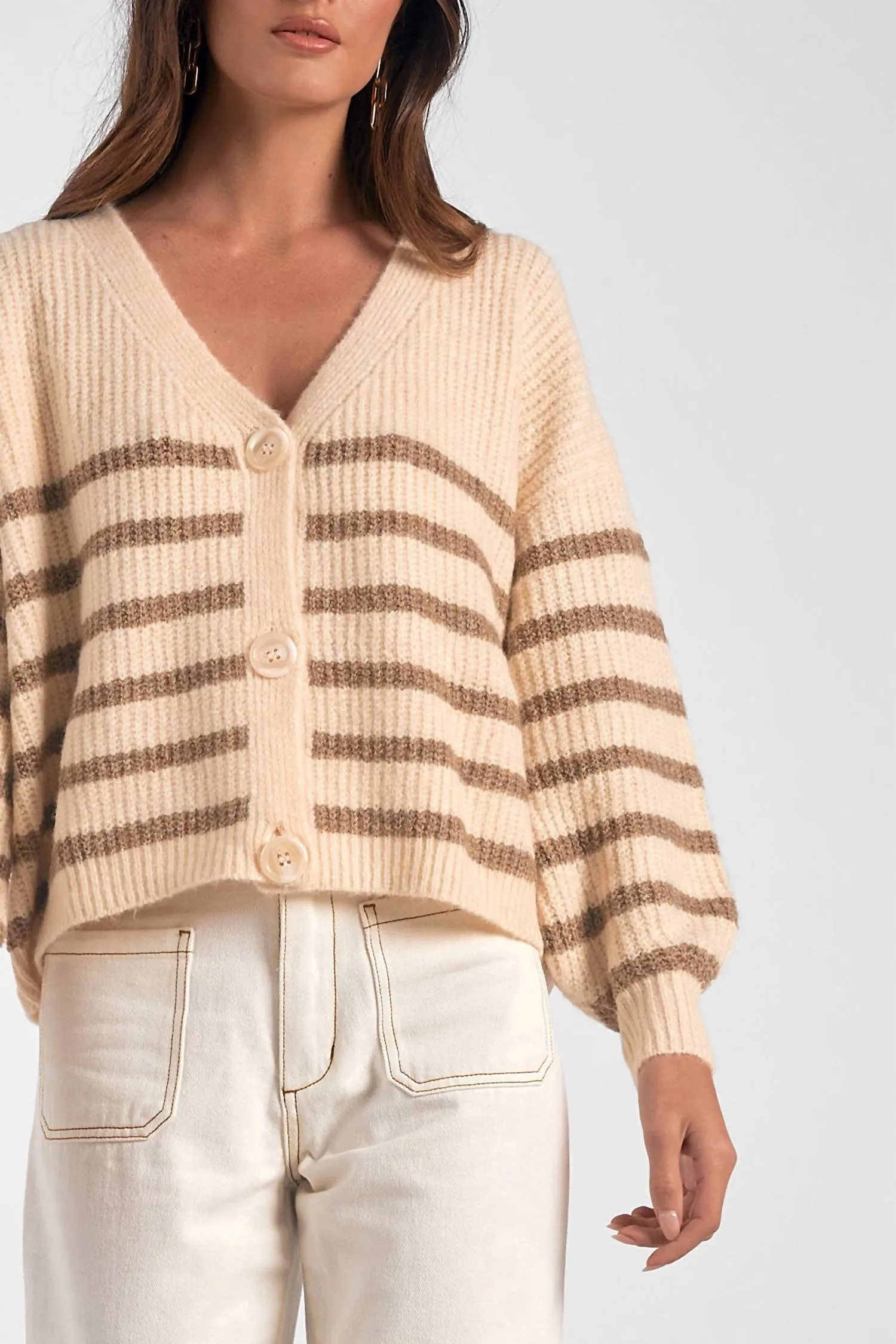 Deep V Neck Cardigan In Tan