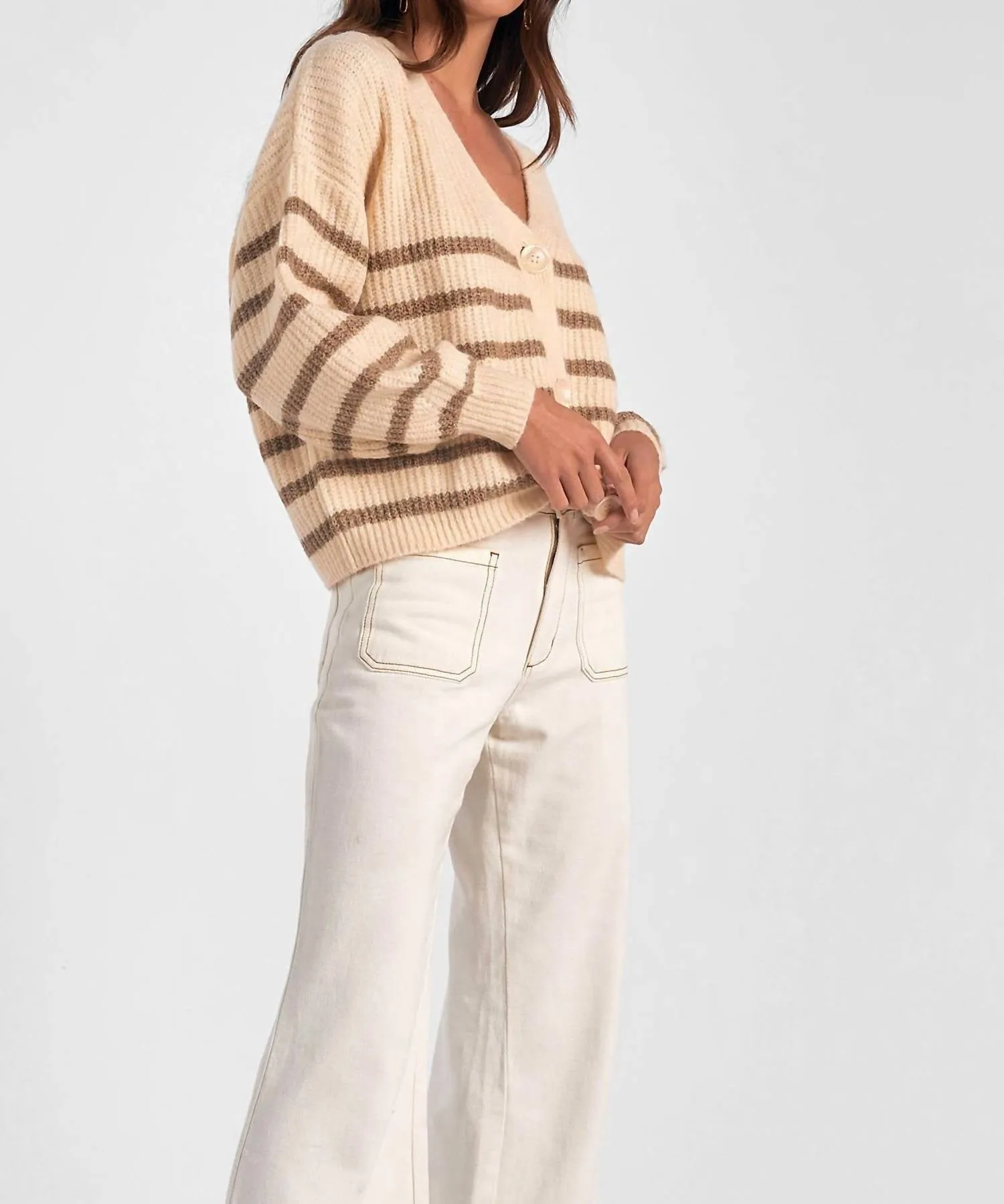 Deep V Neck Cardigan In Tan
