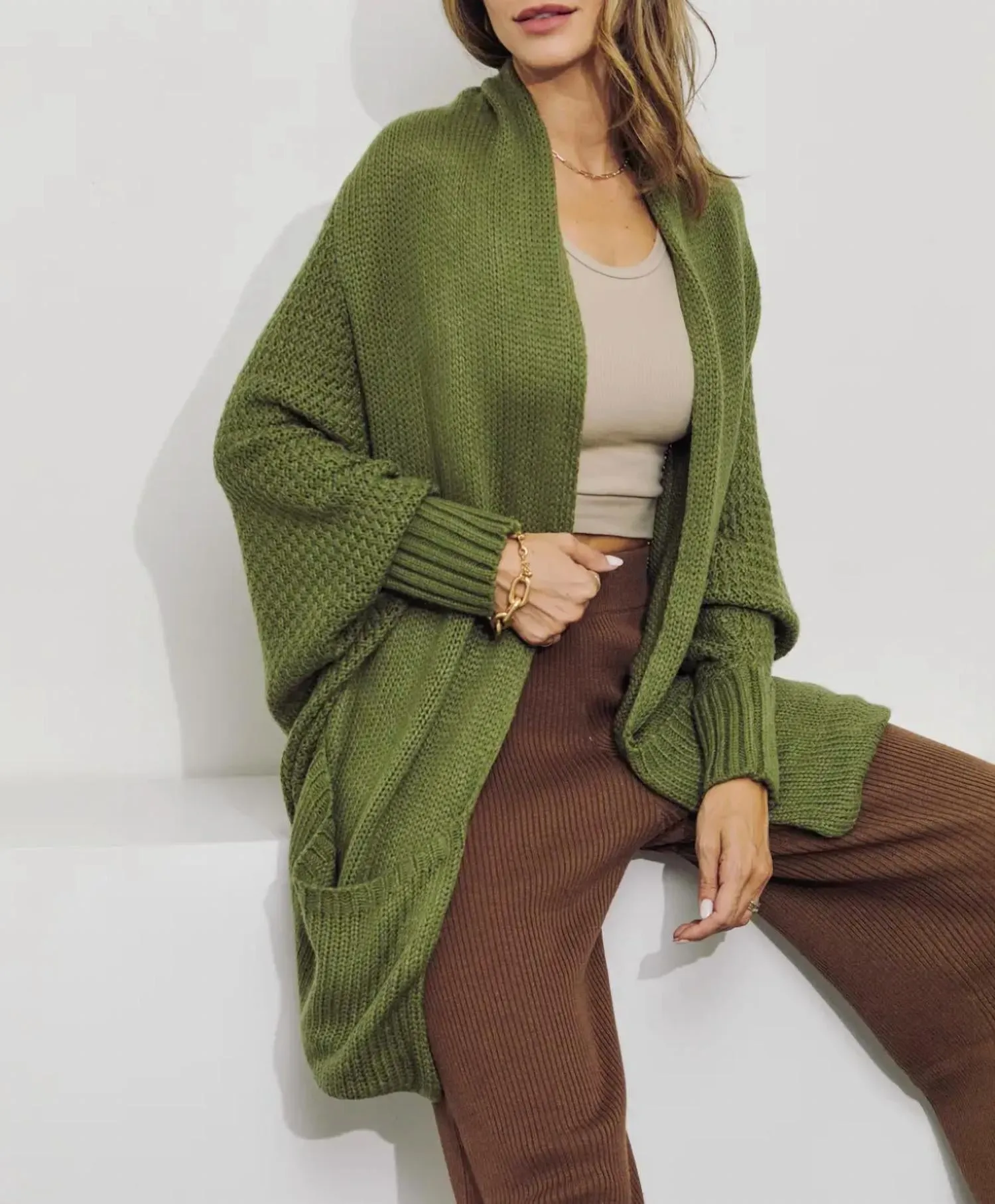Dolman Slouch Cardigan In Olive
