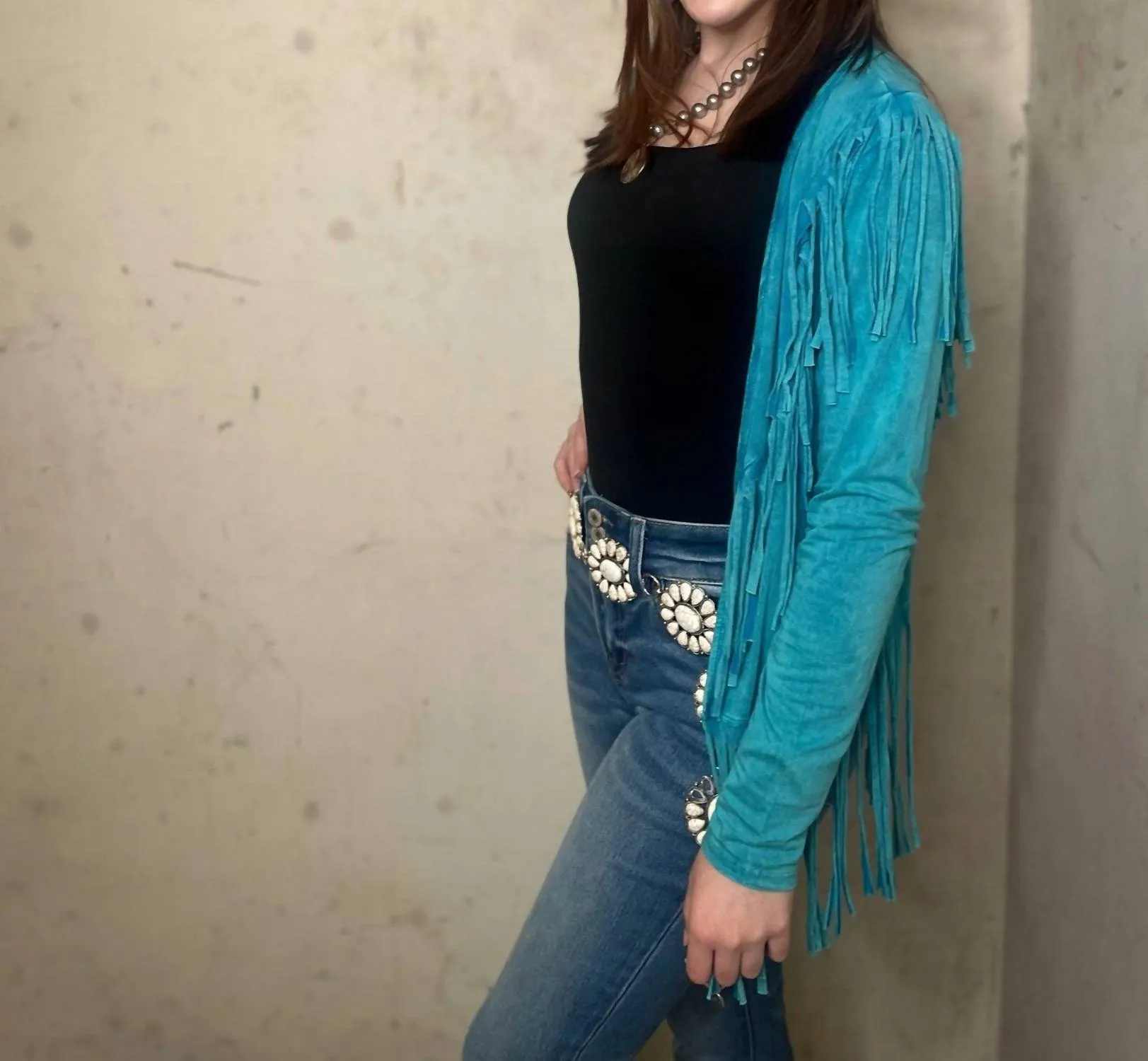 Double Fringe Open Jacket In Teal