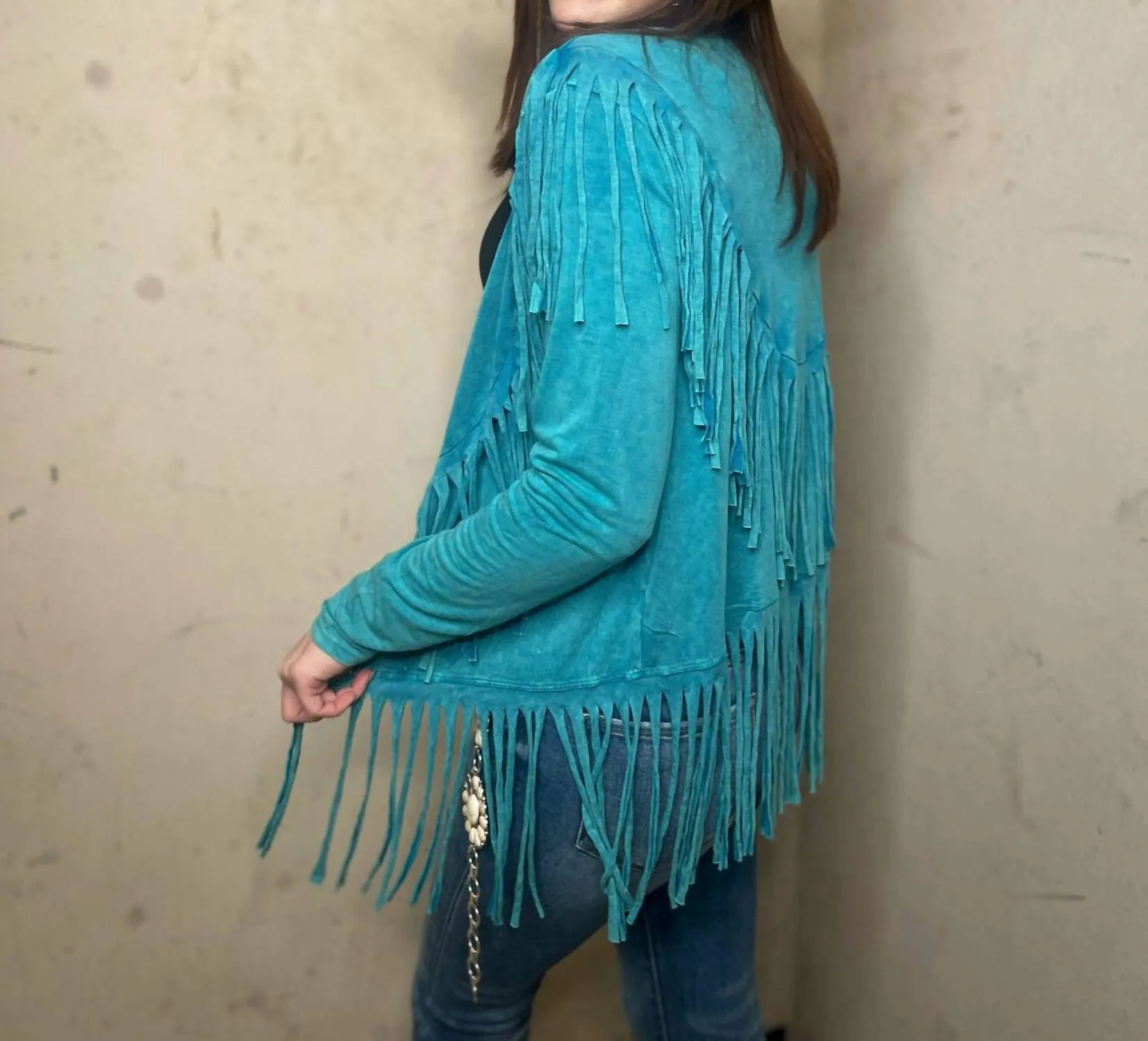 Double Fringe Open Jacket In Teal
