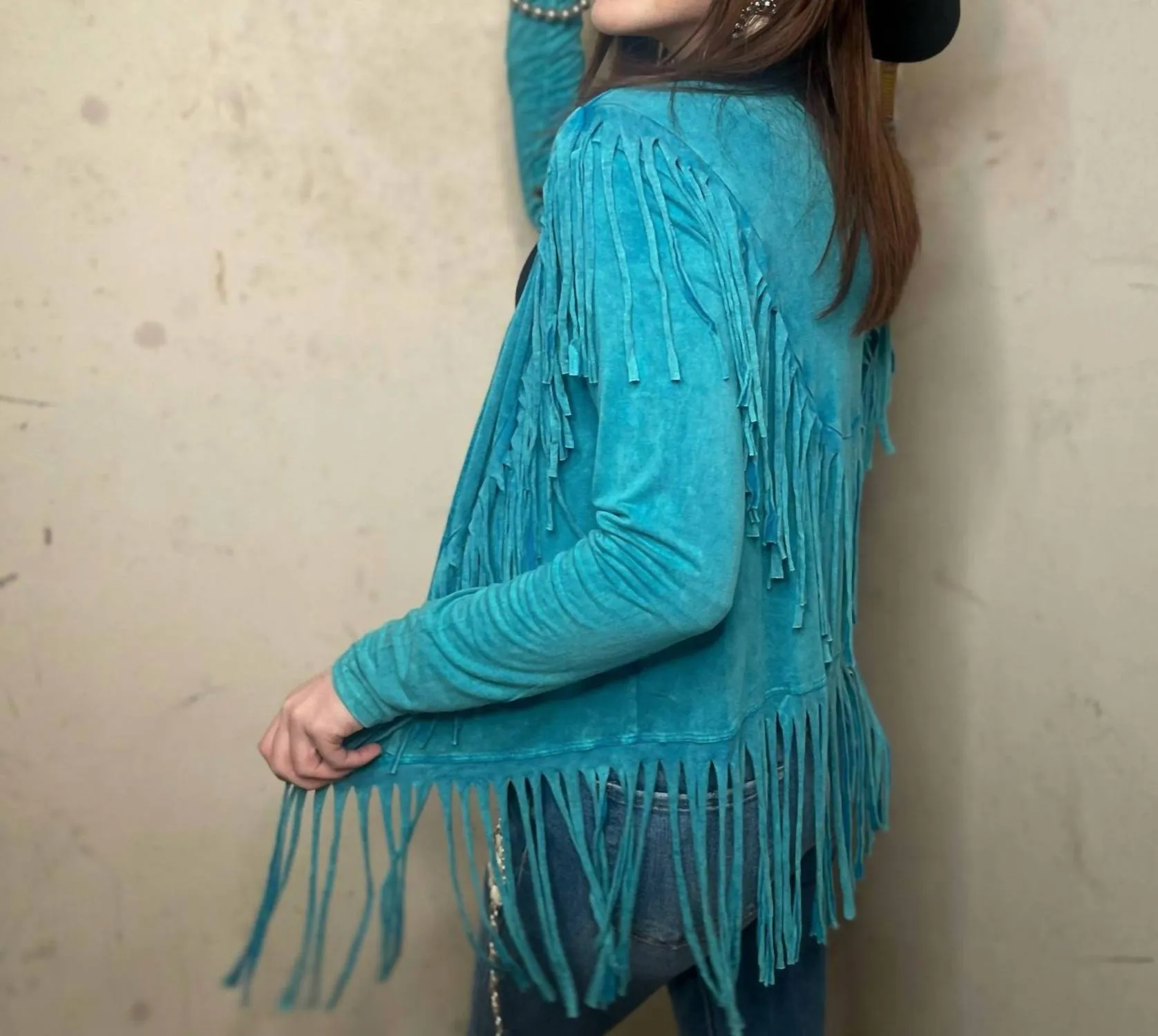 Double Fringe Open Jacket In Teal