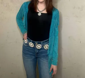 Double Fringe Open Jacket In Teal
