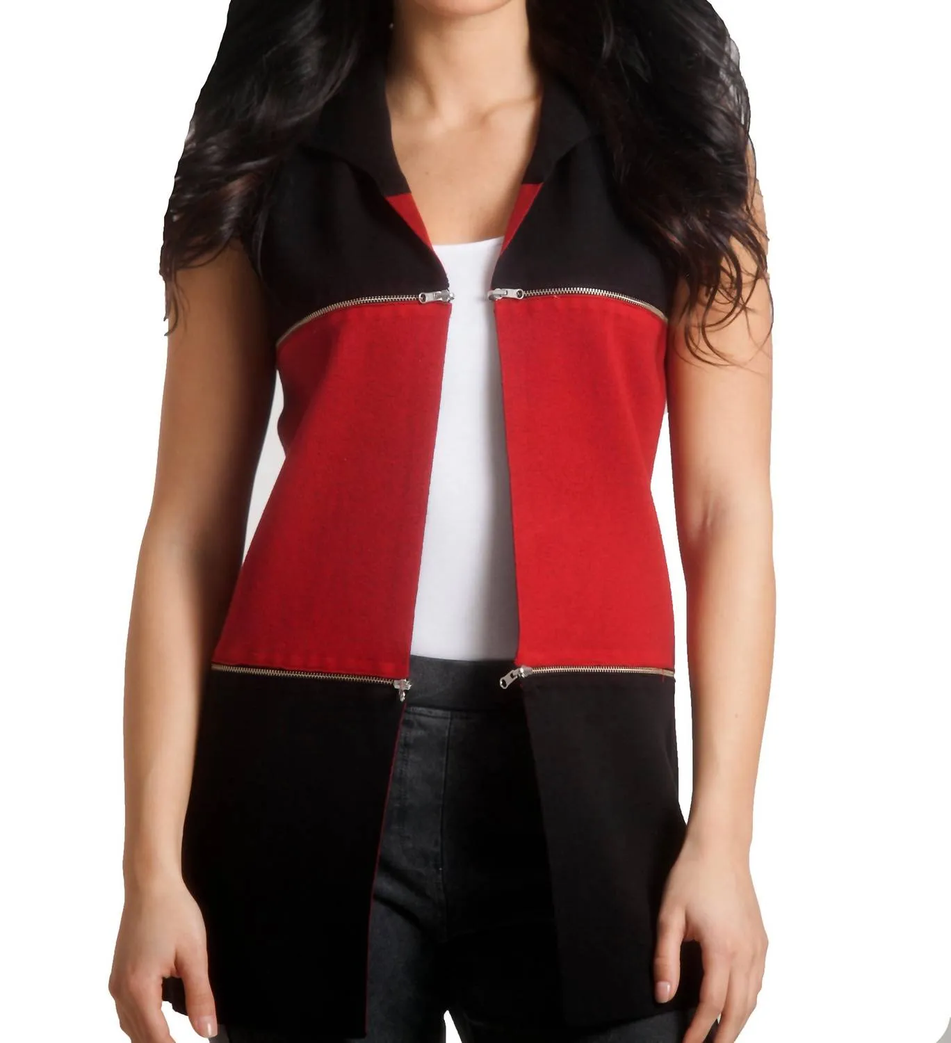 Double Zip Reversible Long Vest In Blackred