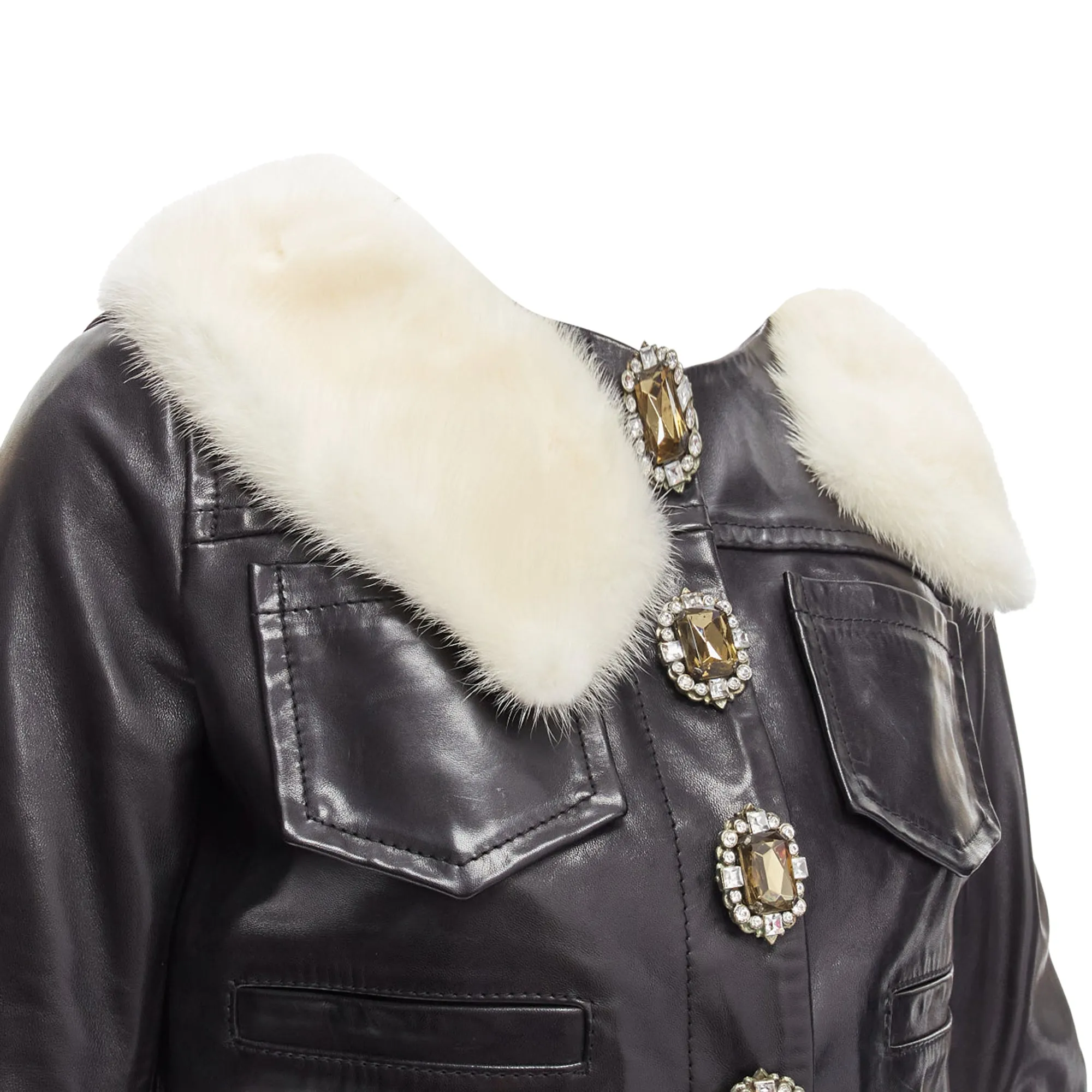 Dsquared2 asymmetric fur collar jewel button cropped leather jacket