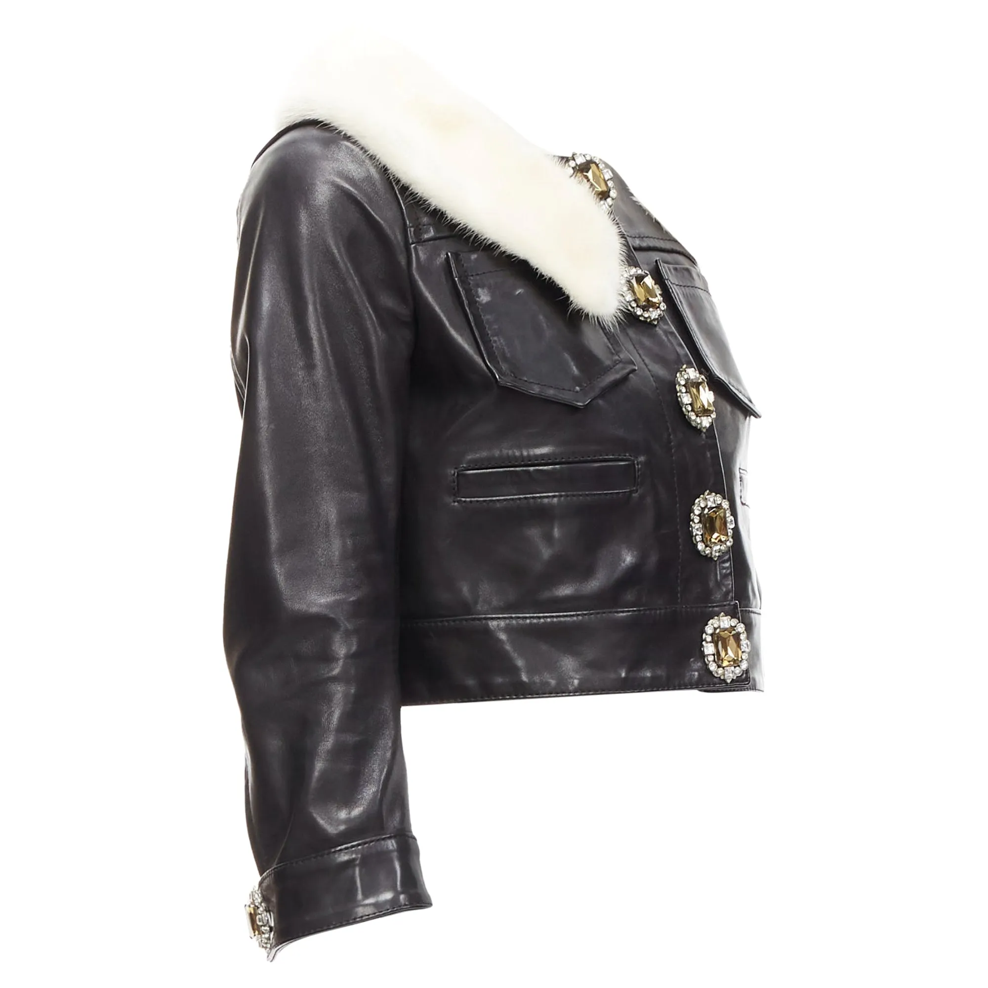 Dsquared2 asymmetric fur collar jewel button cropped leather jacket