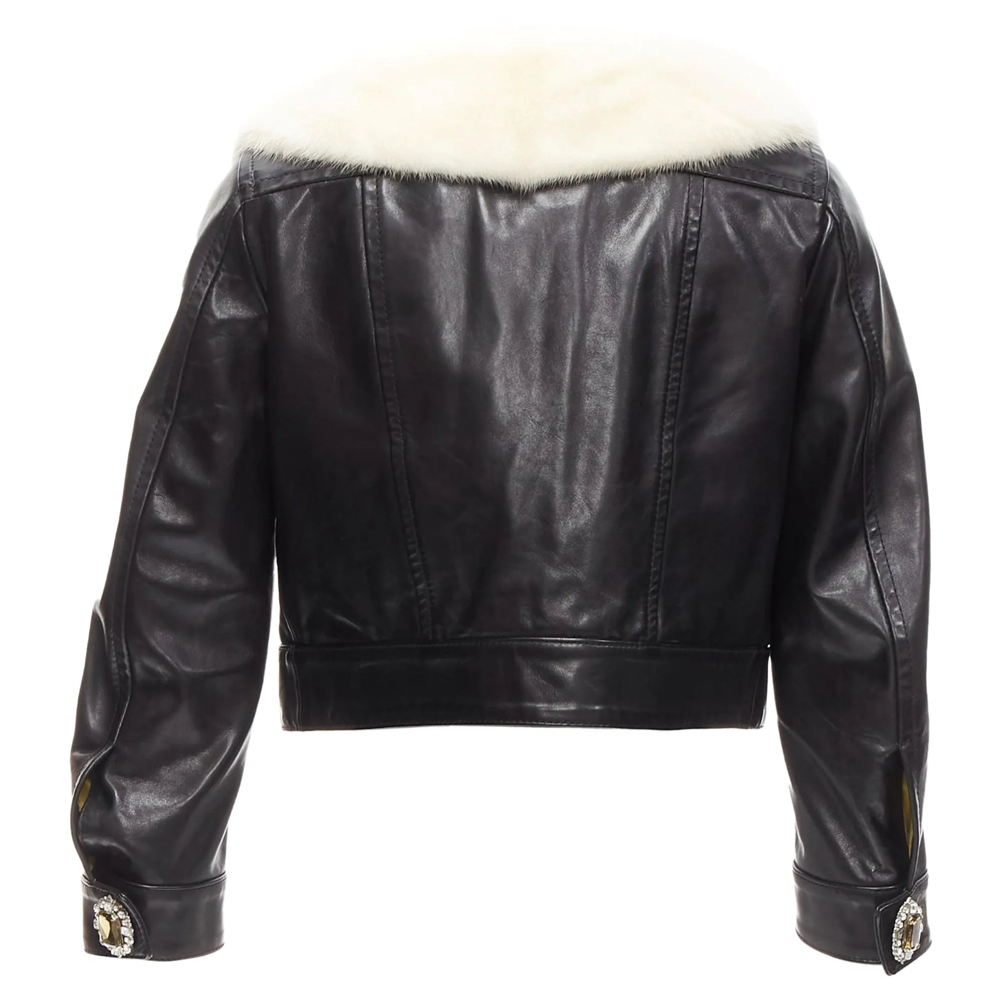 Dsquared2 asymmetric fur collar jewel button cropped leather jacket