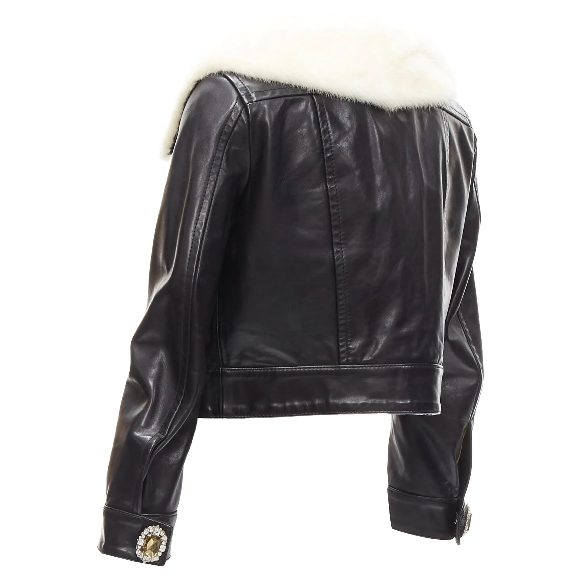 Dsquared2 asymmetric fur collar jewel button cropped leather jacket
