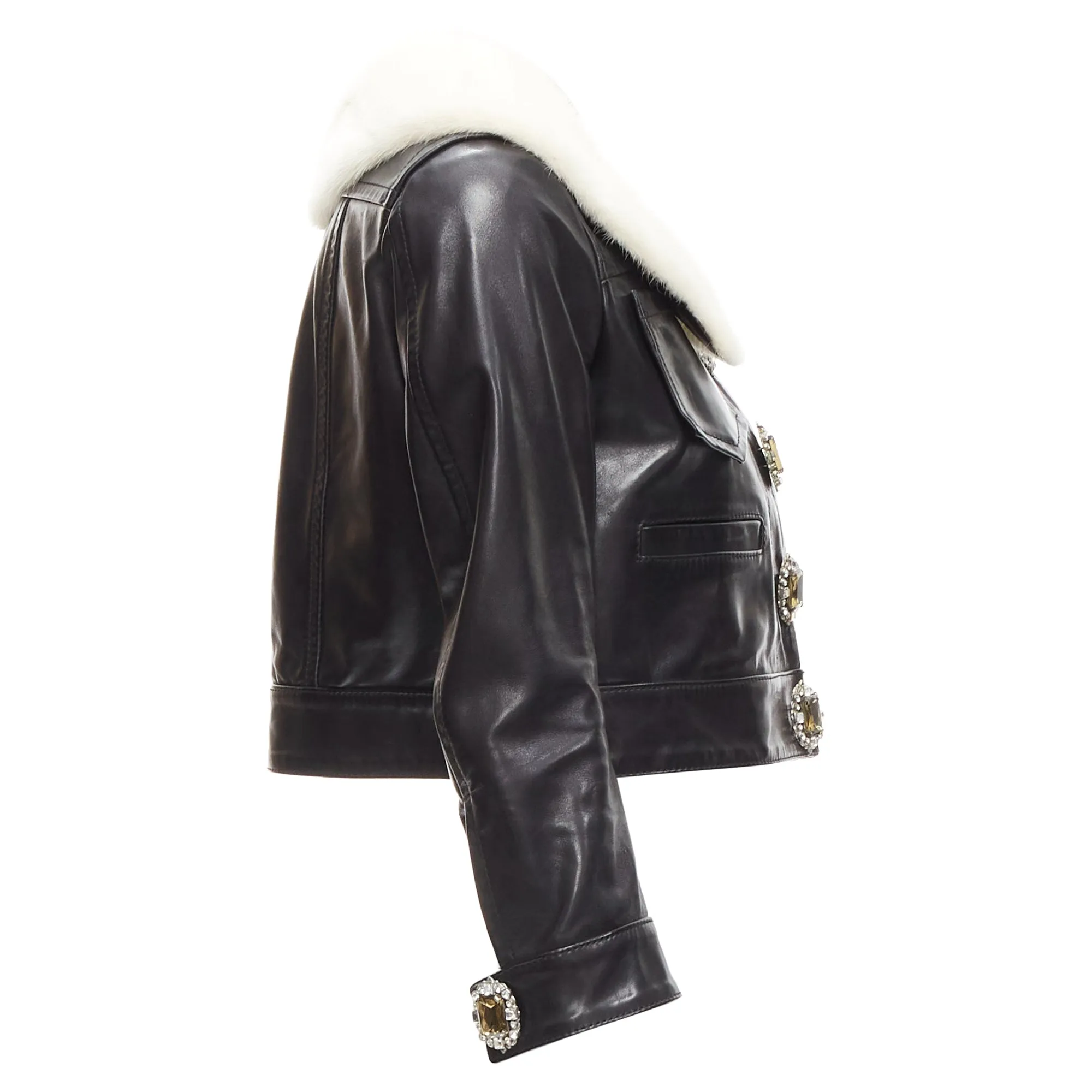 Dsquared2 asymmetric fur collar jewel button cropped leather jacket