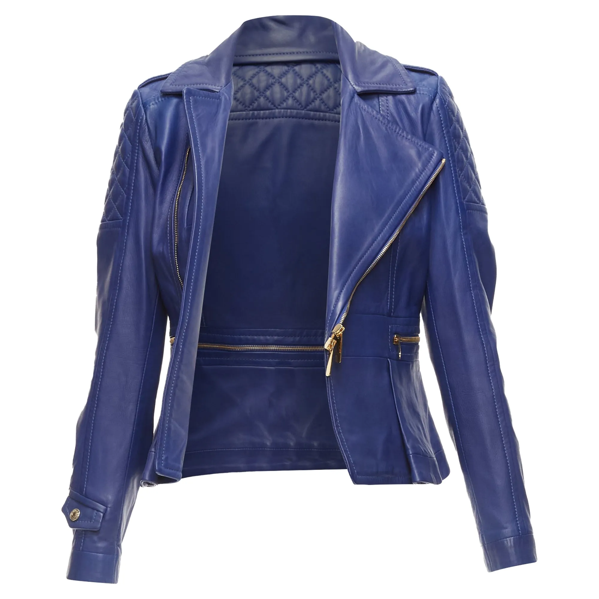 Dsquared2 Lambskin Leather Gold Logo Zip Moto Biker Jacket