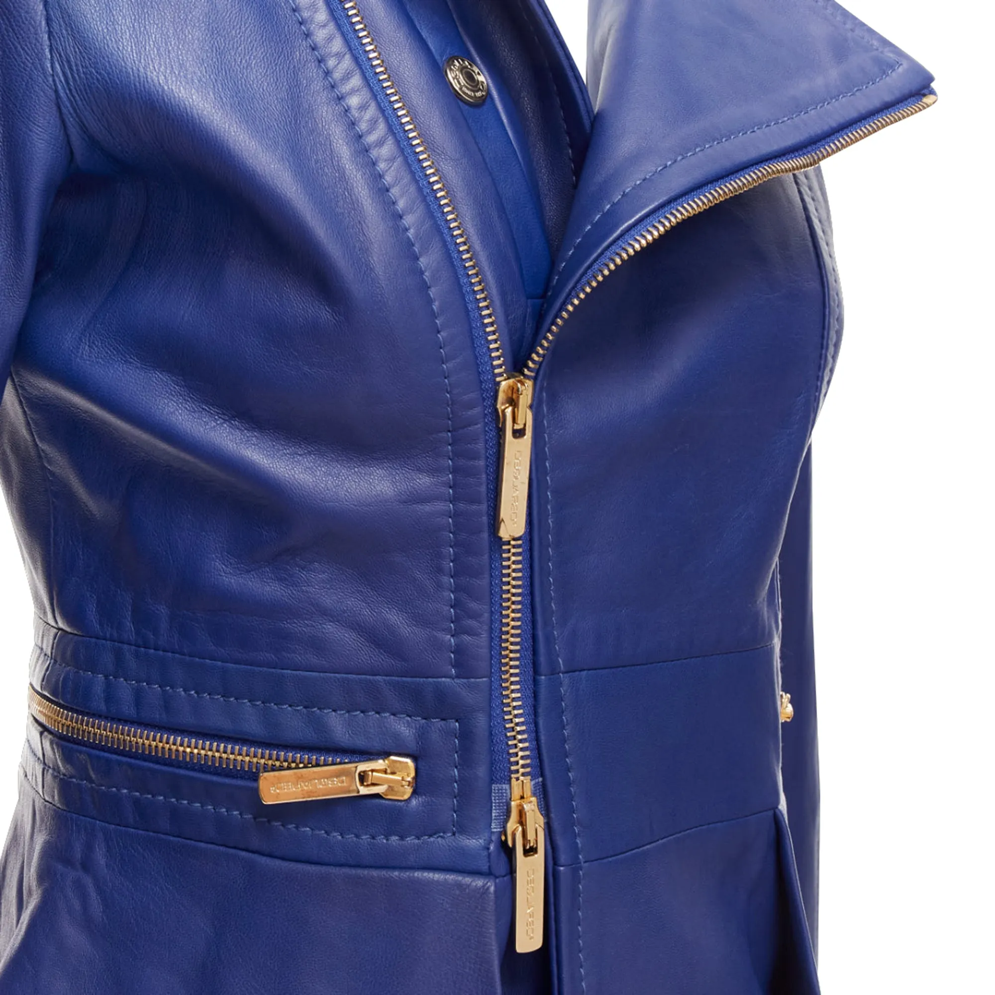 Dsquared2 Lambskin Leather Gold Logo Zip Moto Biker Jacket