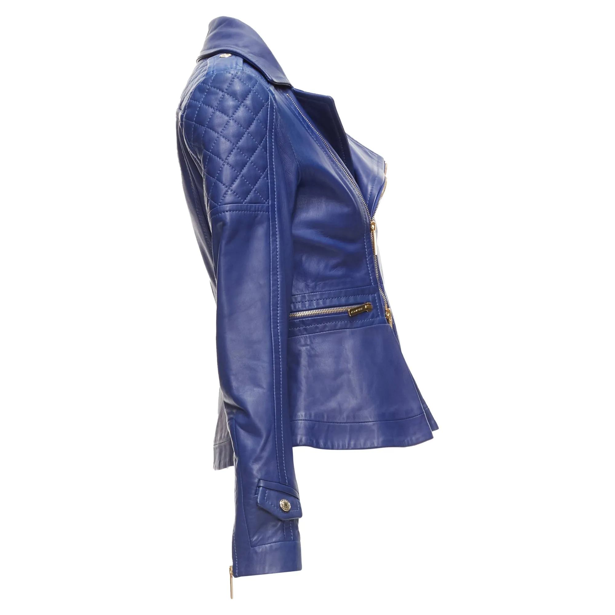Dsquared2 Lambskin Leather Gold Logo Zip Moto Biker Jacket