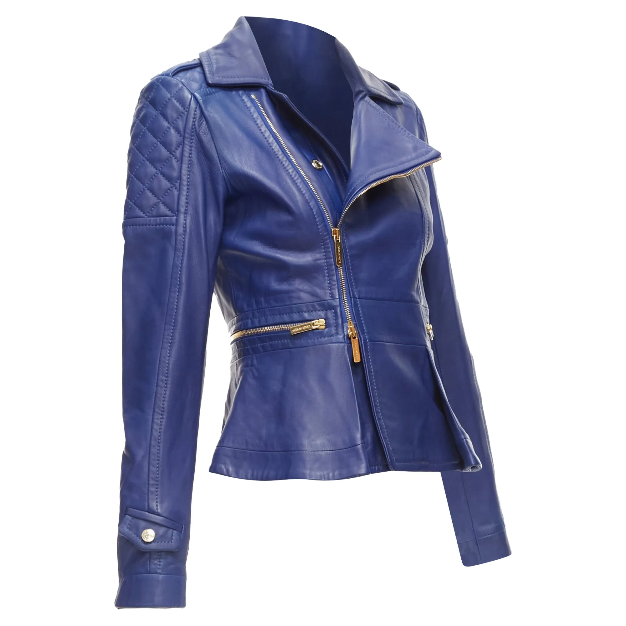 Dsquared2 Lambskin Leather Gold Logo Zip Moto Biker Jacket