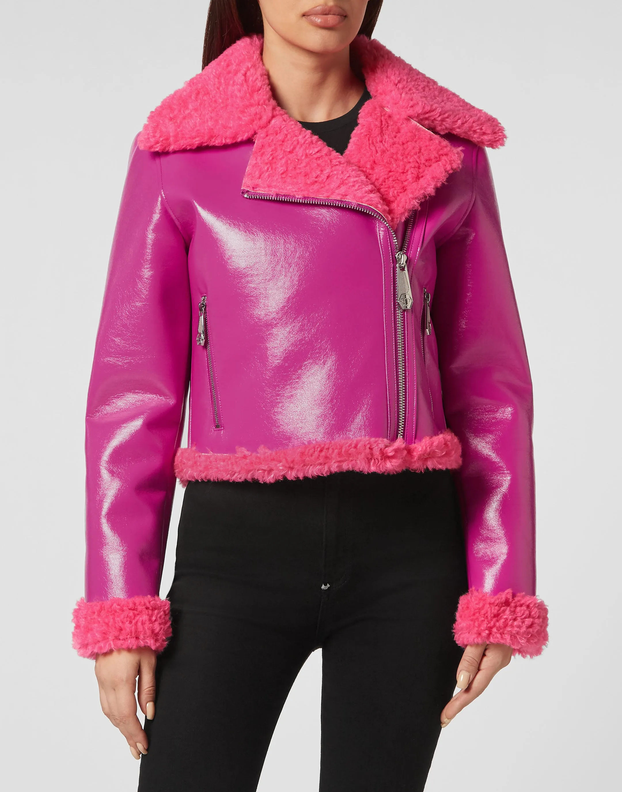 Eco Shearling Short Biker Jacket Skull&amp;Bones