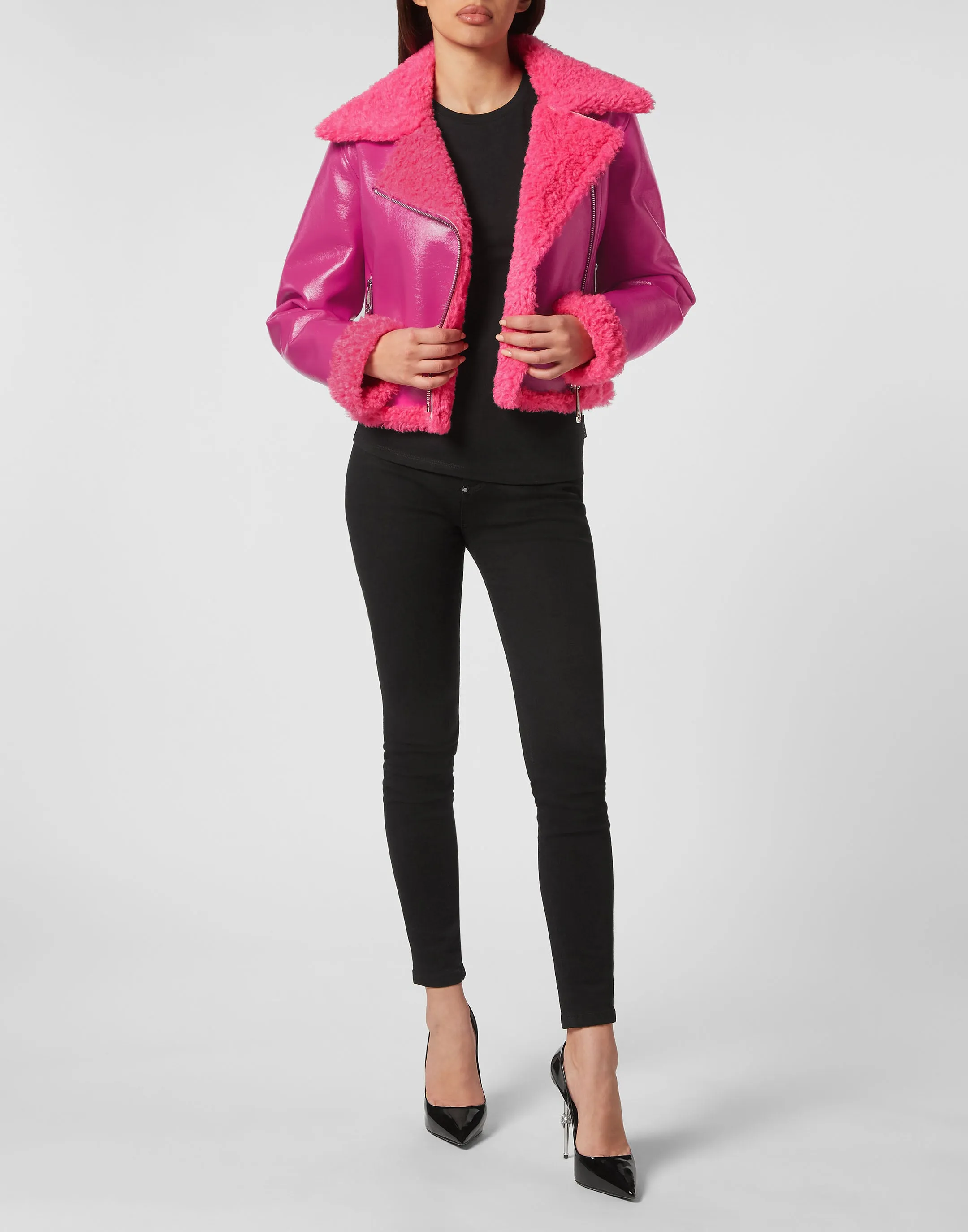 Eco Shearling Short Biker Jacket Skull&amp;Bones
