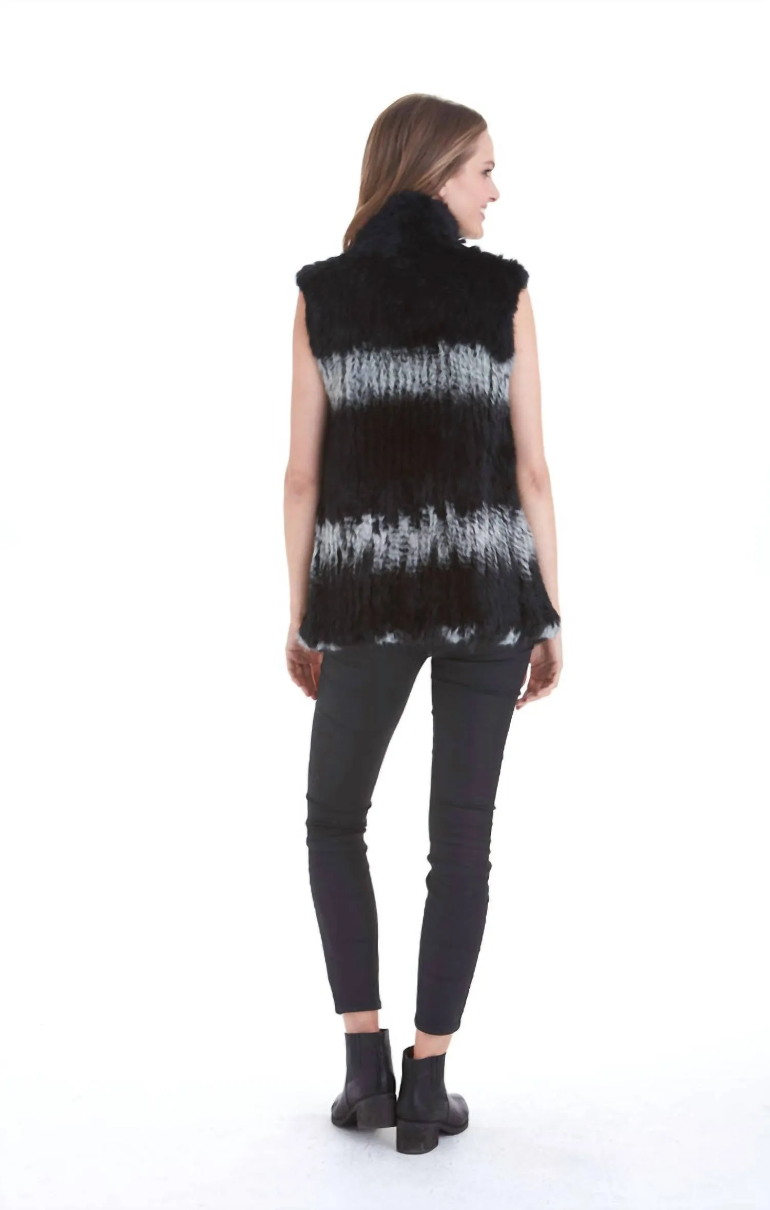 Eliza Genuine Real Rabbit Fur Vest In Black/snow
