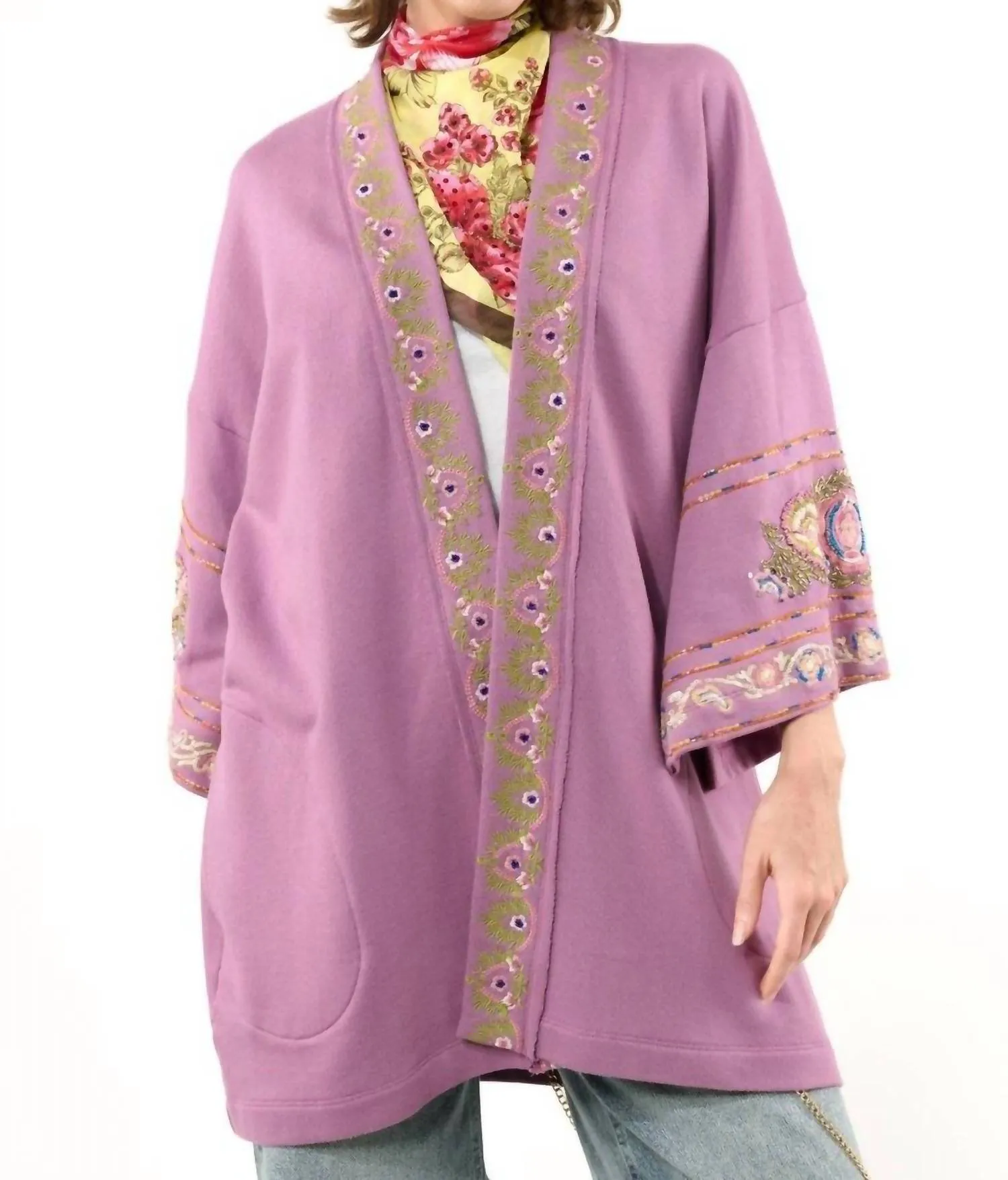 Embellished French Terry Kimono In Lavender