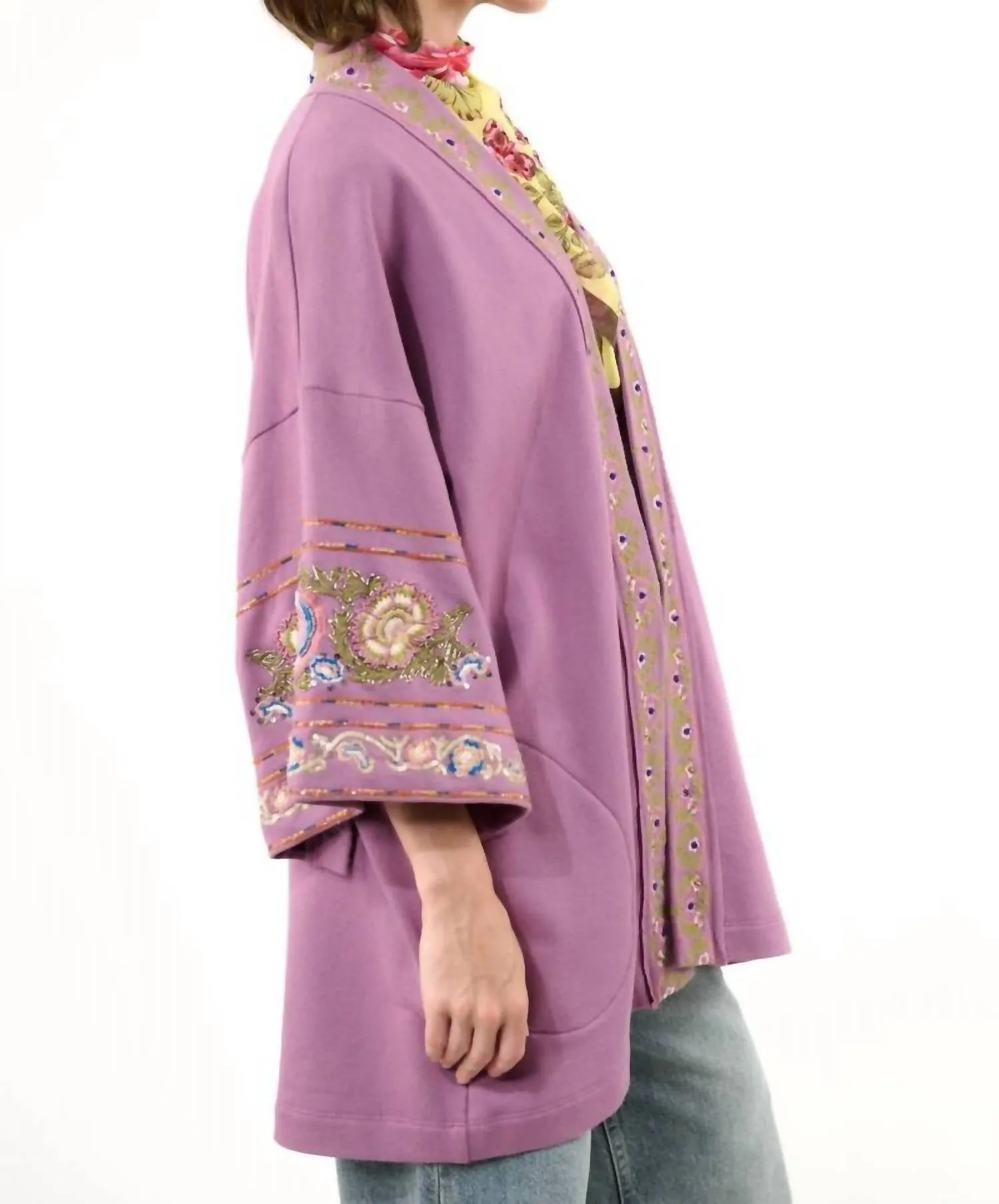 Embellished French Terry Kimono In Lavender