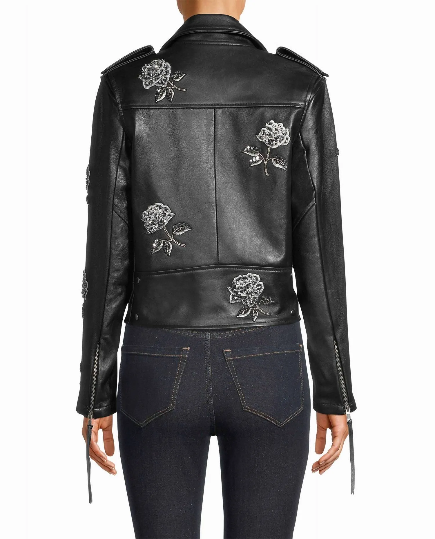 Embellished Rose Moto Jacket In Black Embellished Rose