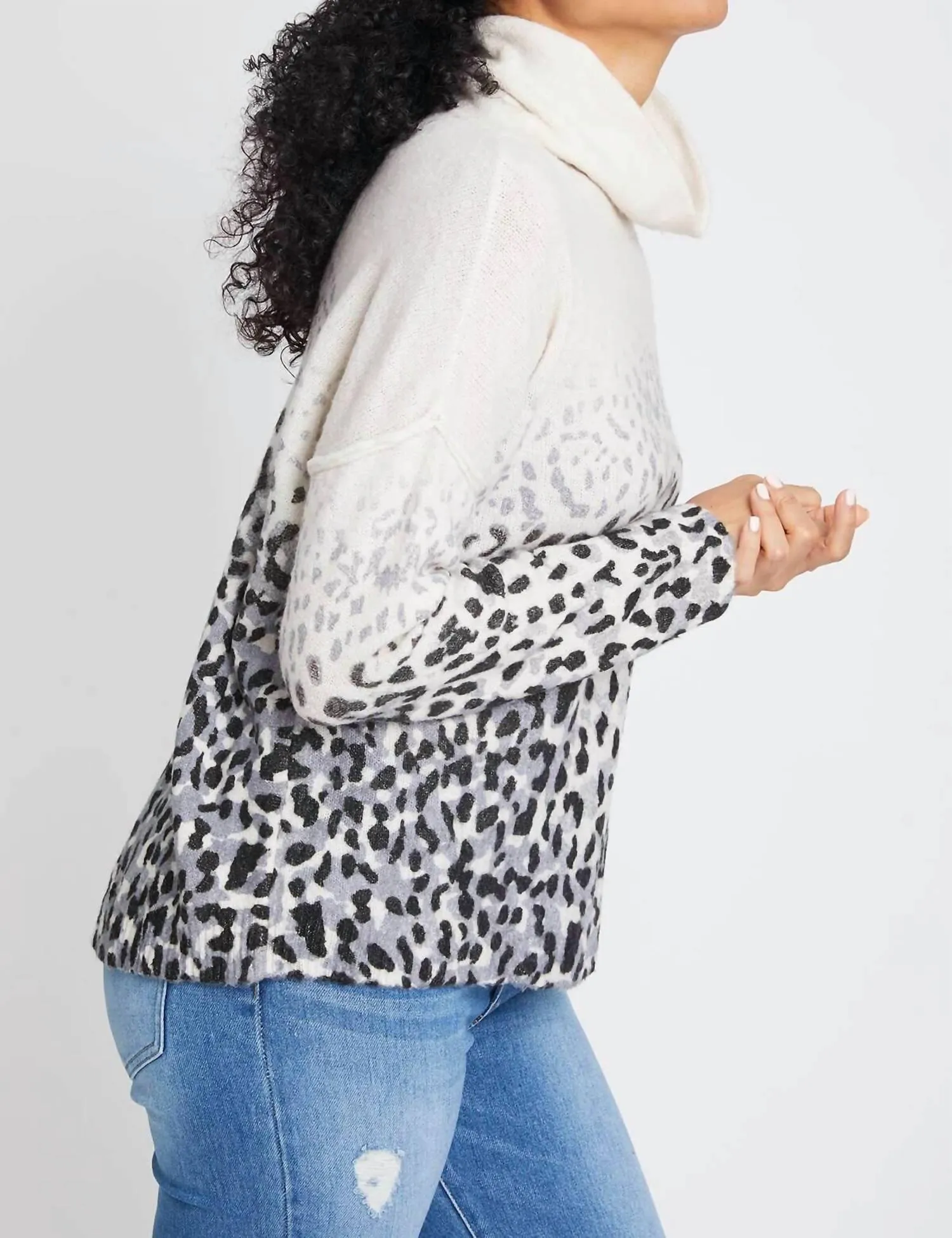 Faded Leopard Cowl Neck Sweater In Ivory/charcoal