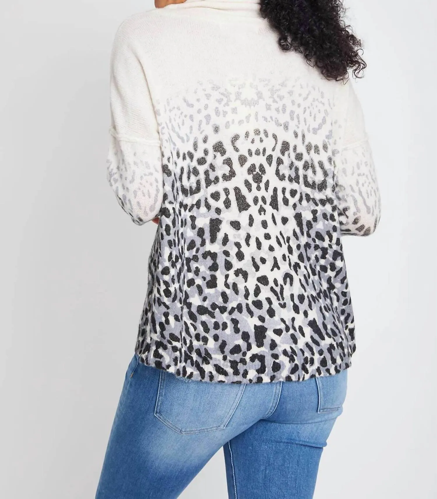 Faded Leopard Cowl Neck Sweater In Ivory/charcoal