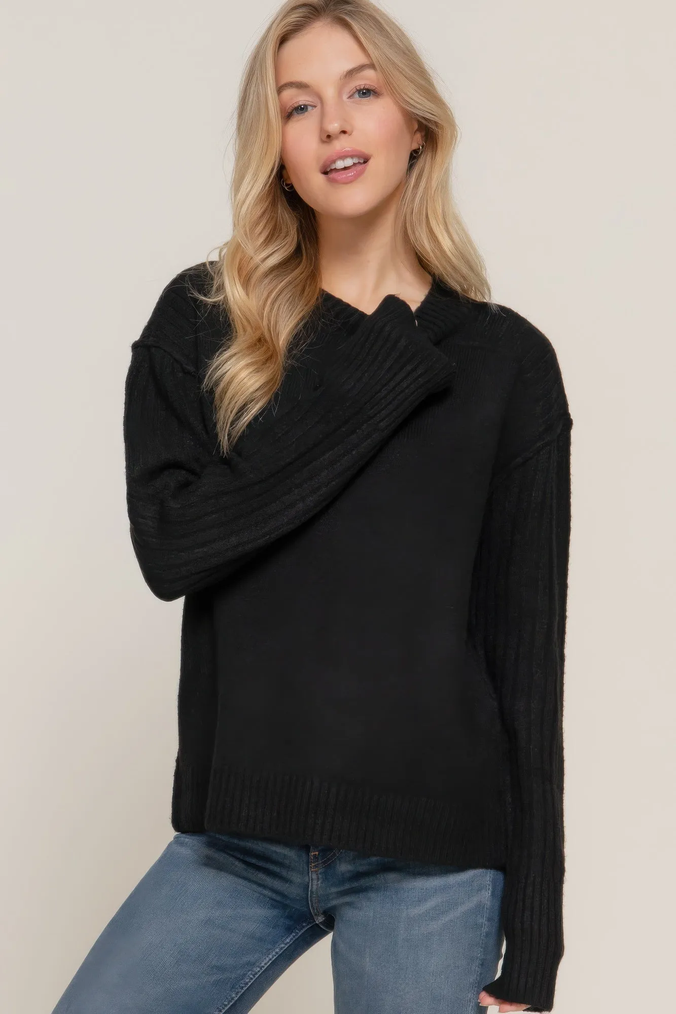 FASHNZFAB Women's Long Slv Mock Neck Raised Seam Sweater