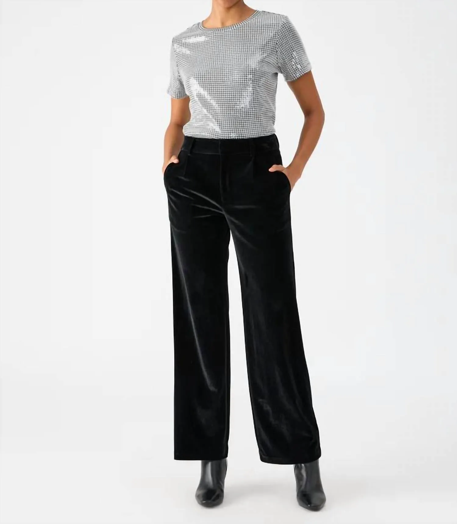 Faye Semi High Rise Velvet Trouser Pant In Black