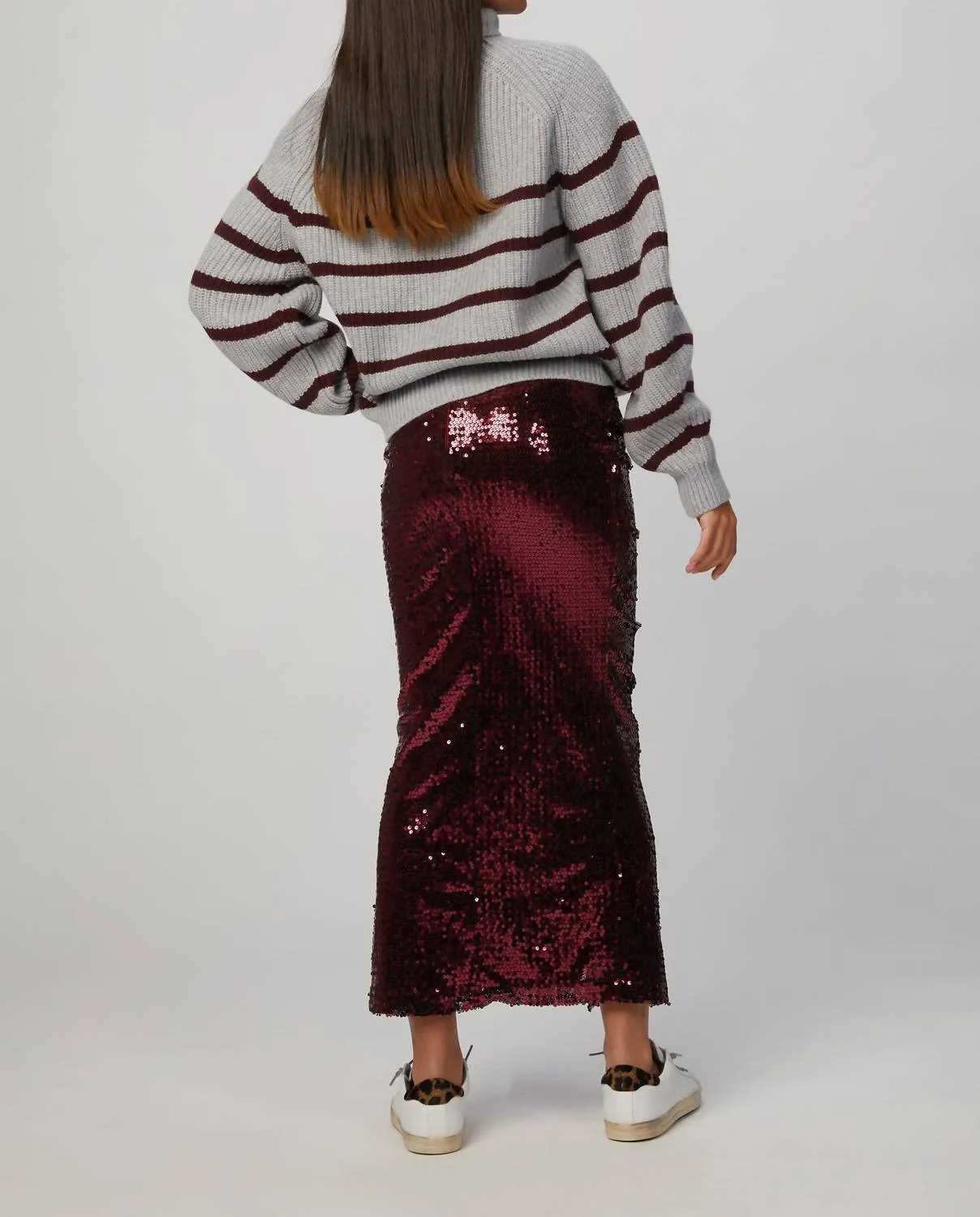 Fiona Striped Sweater In Light Grey/burgundy