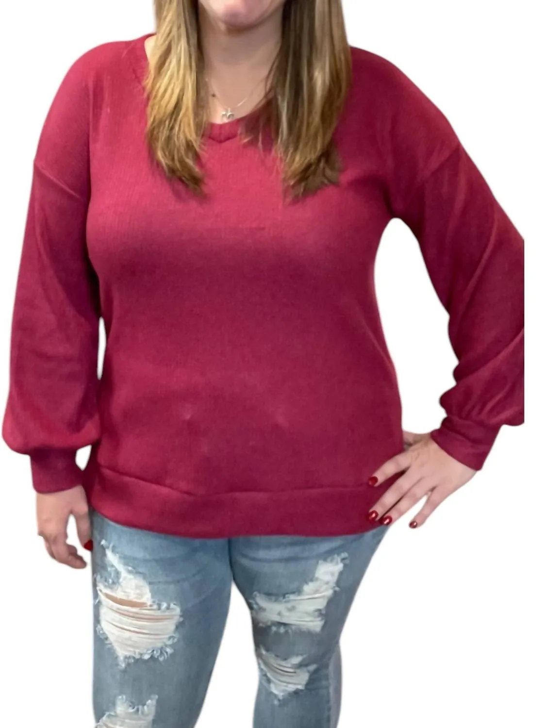 Fleece Ribbed Sweater In Wine