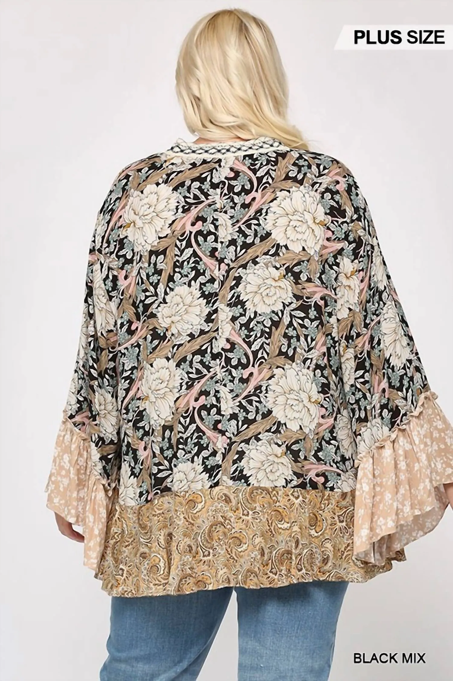 Floral And Paisley Print Mix Kimono - Plus In Black Multi