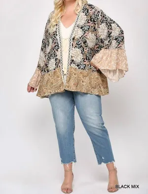 Floral And Paisley Print Mix Kimono - Plus In Black Multi