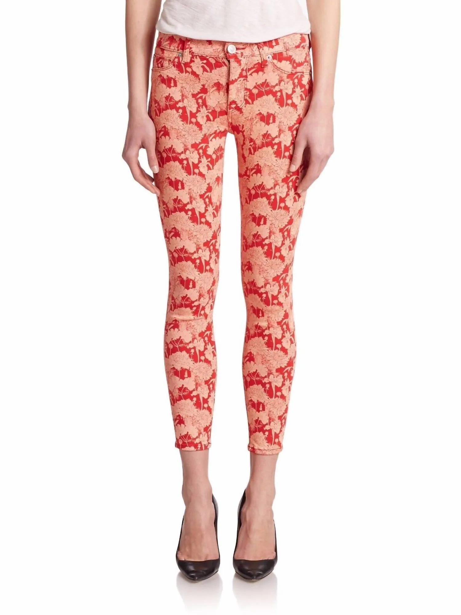 Floral Print Nico Mid Rise Skinny Ankle Jeans In Red