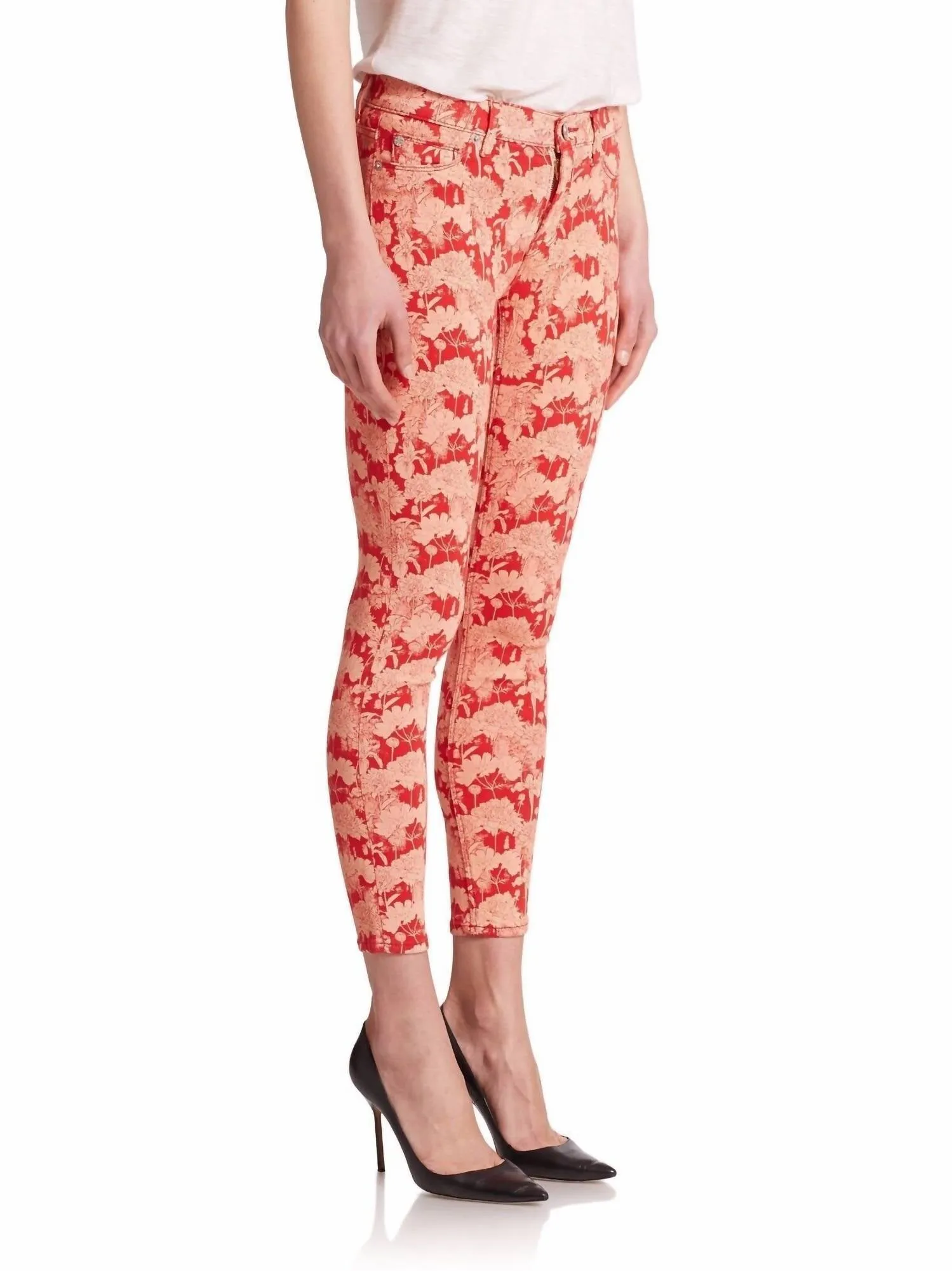 Floral Print Nico Mid Rise Skinny Ankle Jeans In Red