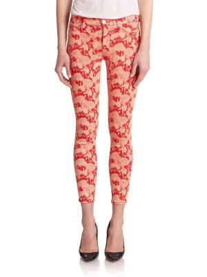Floral Print Nico Mid Rise Skinny Ankle Jeans In Red