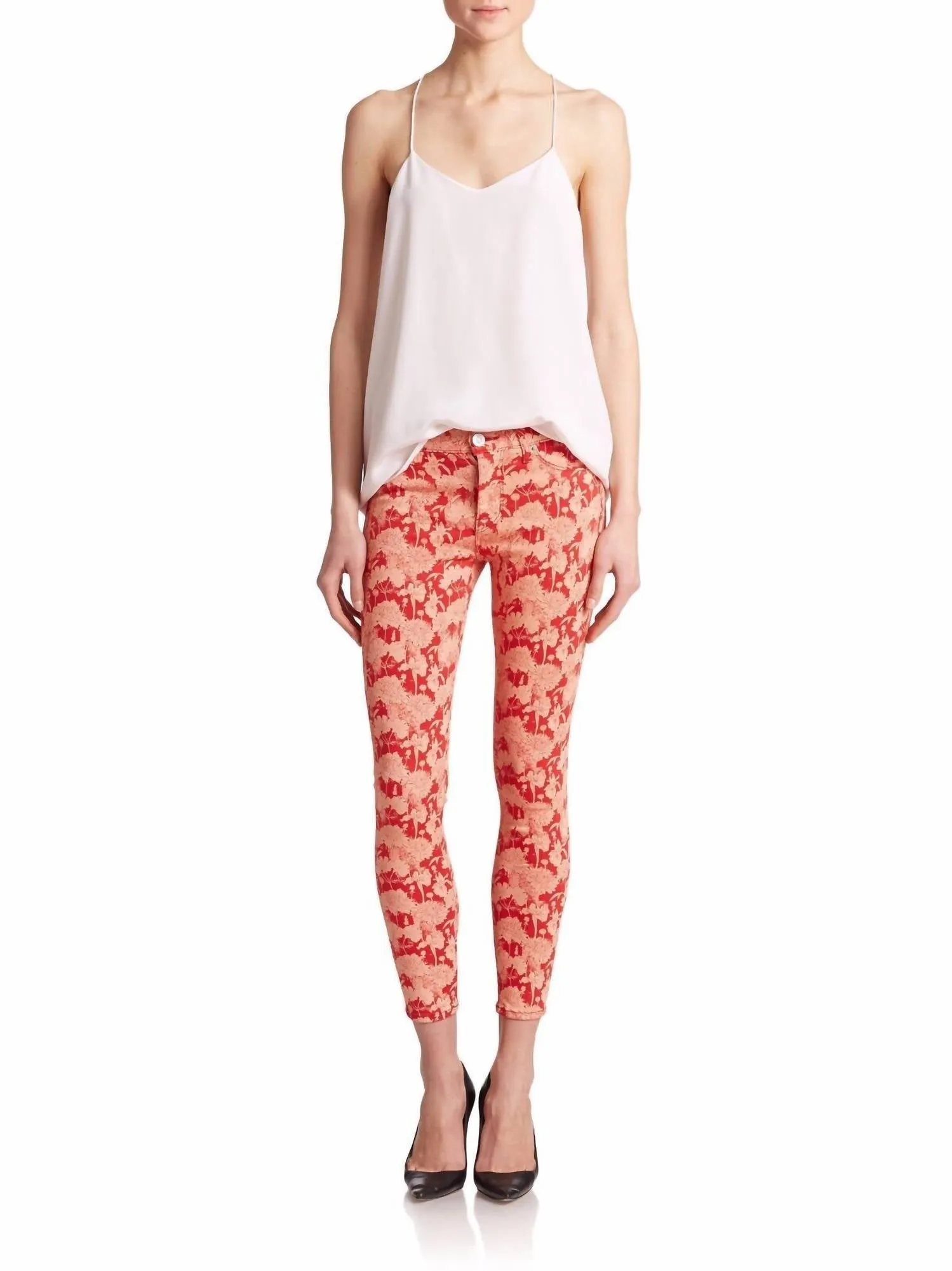 Floral Print Nico Mid Rise Skinny Ankle Jeans In Red
