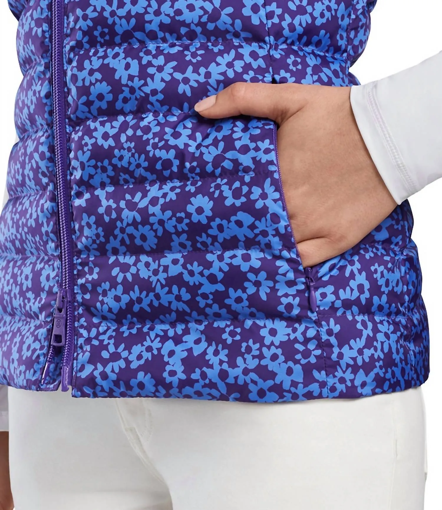 Floral Print Quilted Puffer Golf Vest In Violet