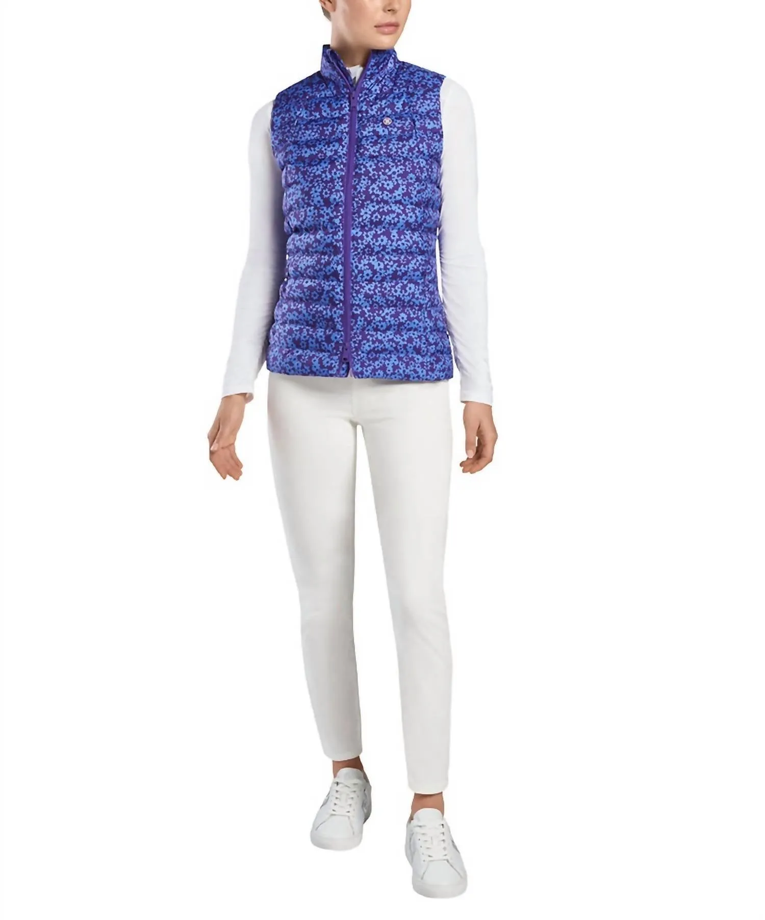 Floral Print Quilted Puffer Golf Vest In Violet