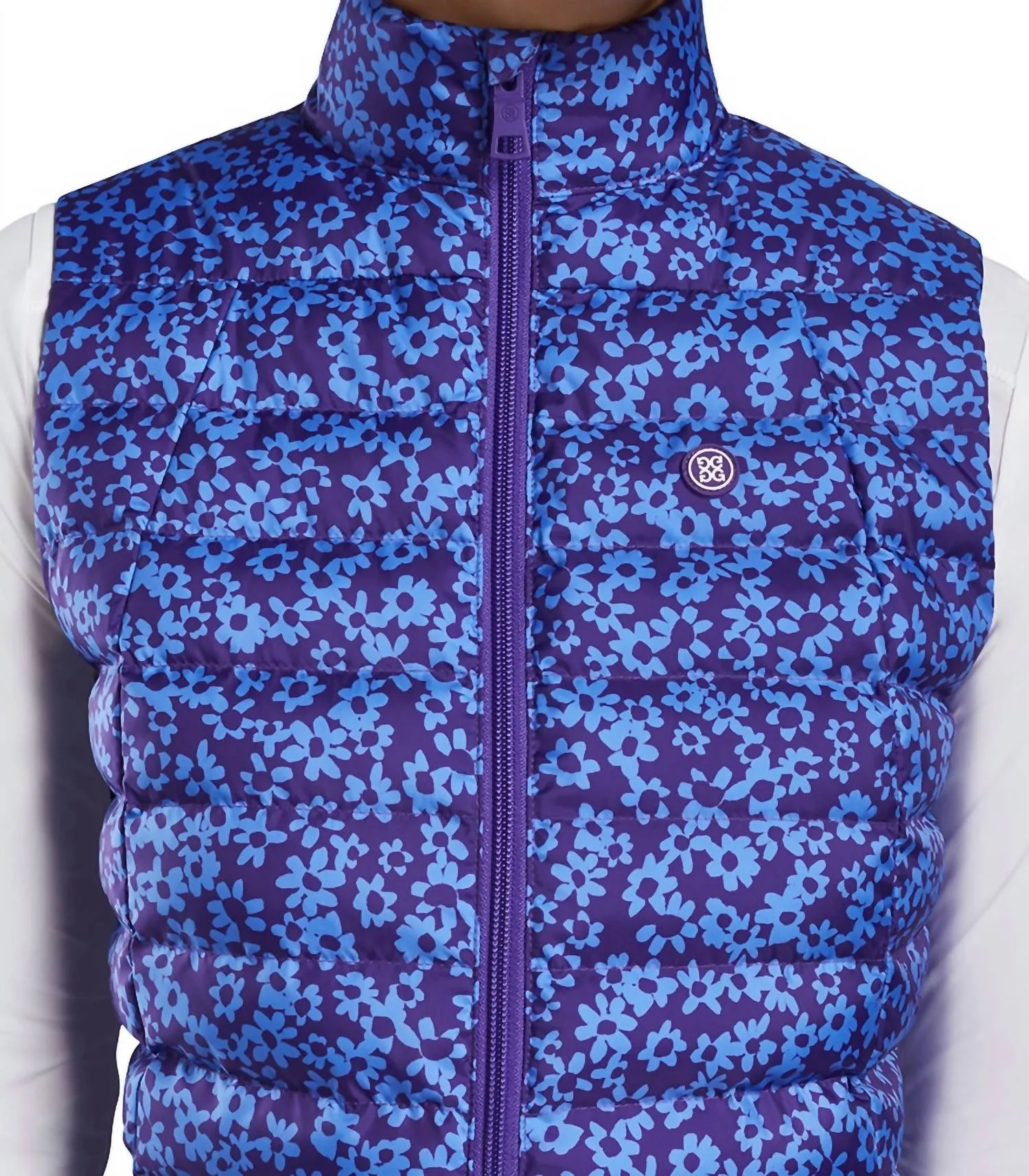 Floral Print Quilted Puffer Golf Vest In Violet