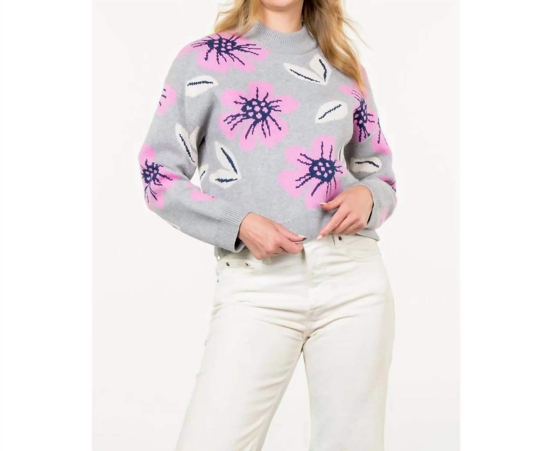 Flower Knit Sweater In Grey/pink