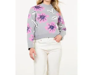 Flower Knit Sweater In Grey/pink