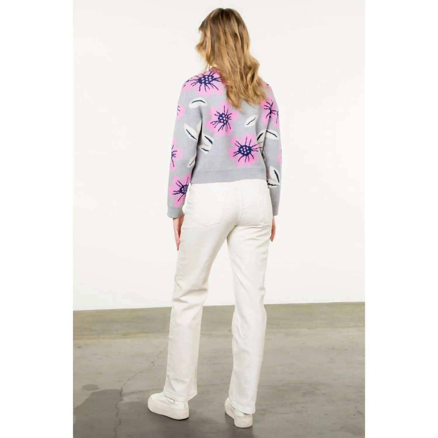 Flower Knit Sweater In Grey/pink