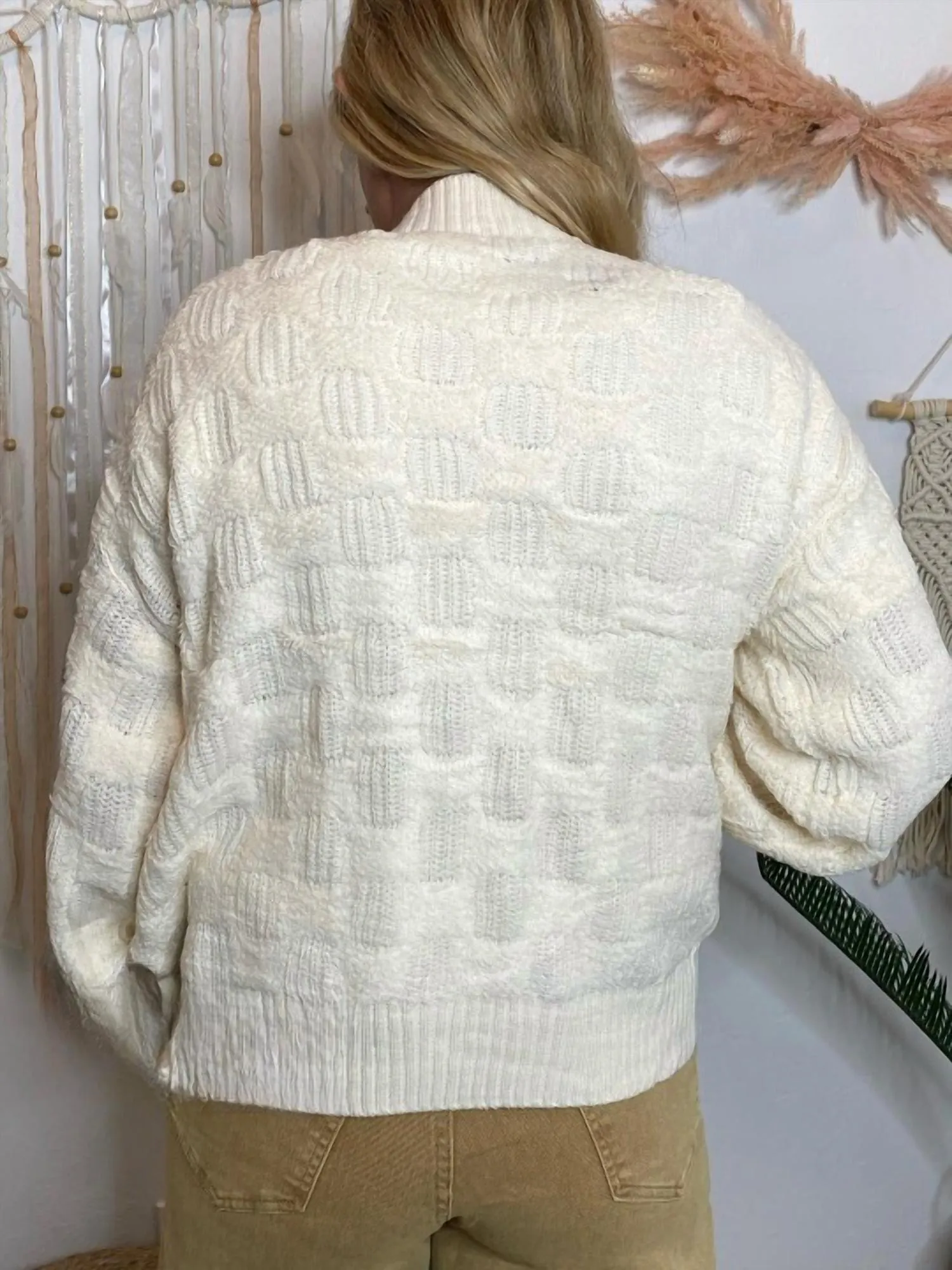 Fluffy Checker Cardigan In Ivory