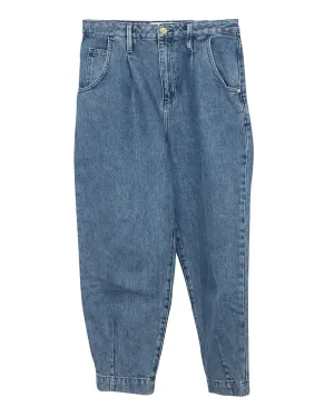 Frame Pleated Barrel Leg Jeans in Blue Cotton Denim