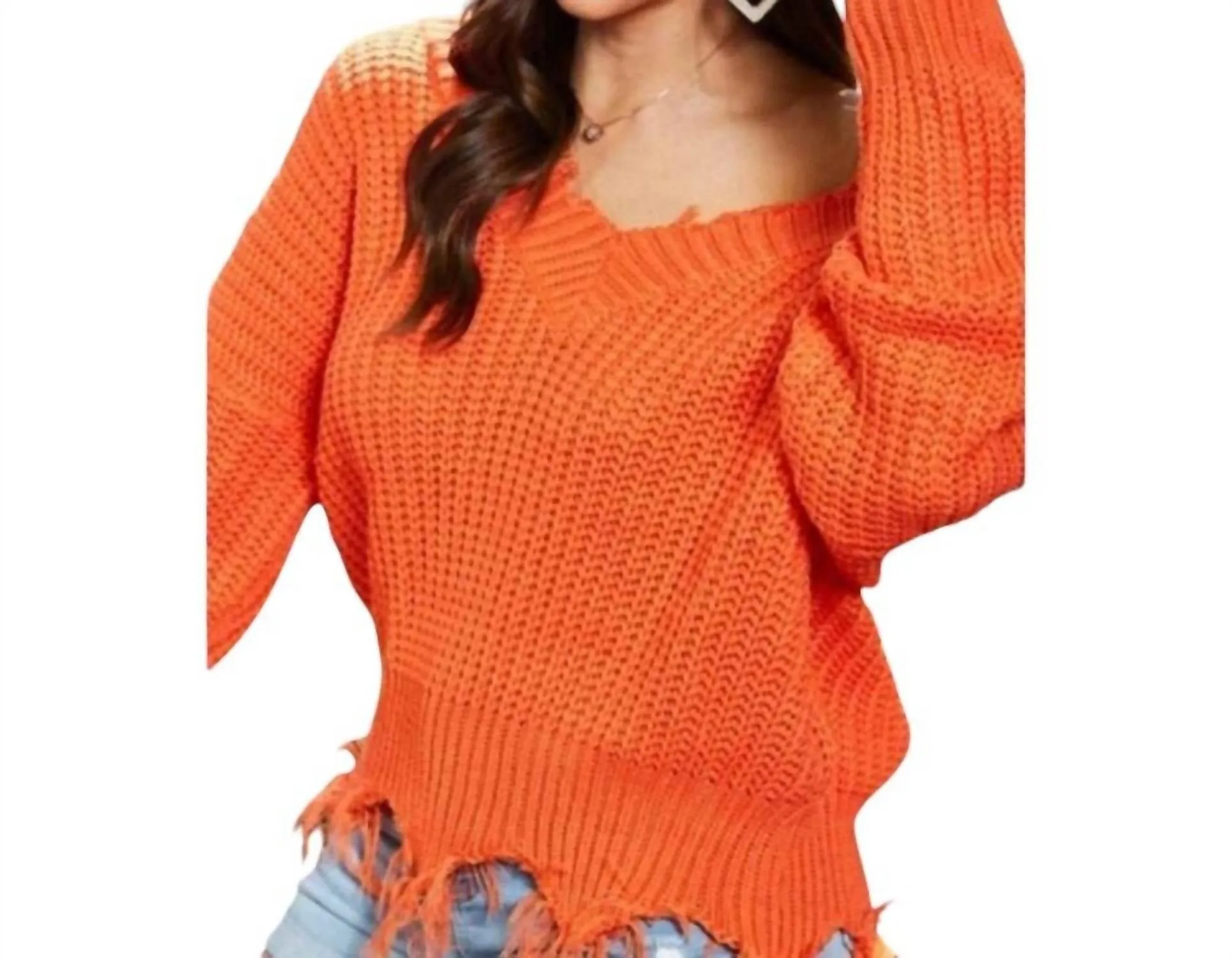 Frayed V Neck Sweater In Orange
