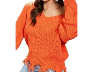 Frayed V Neck Sweater In Orange