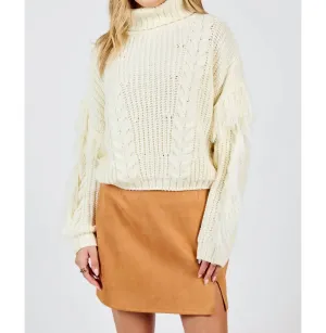 Fringe Sleeve Turtleneck Sweater In Cream