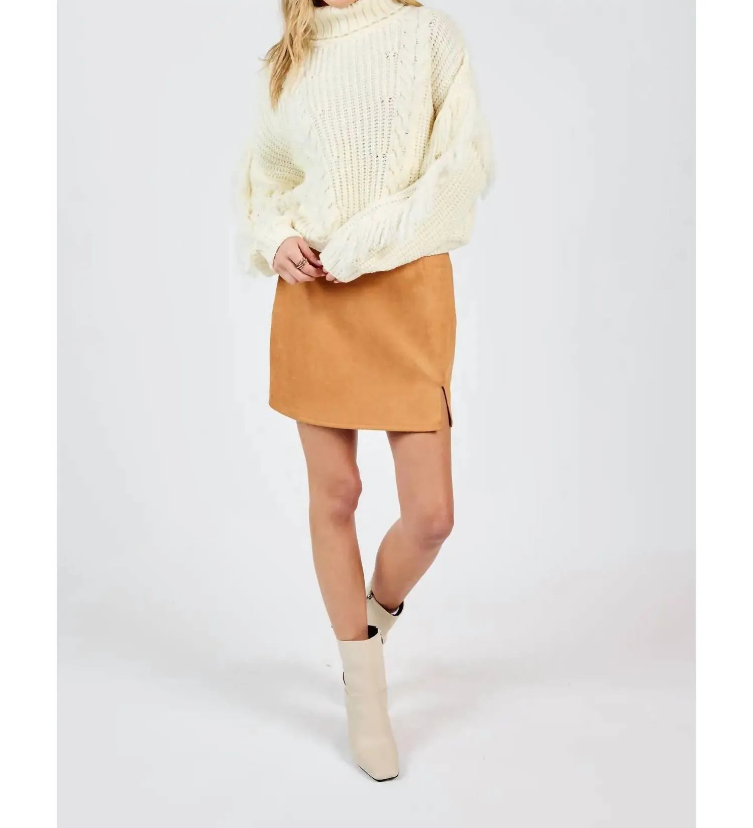 Fringe Sleeve Turtleneck Sweater In Cream