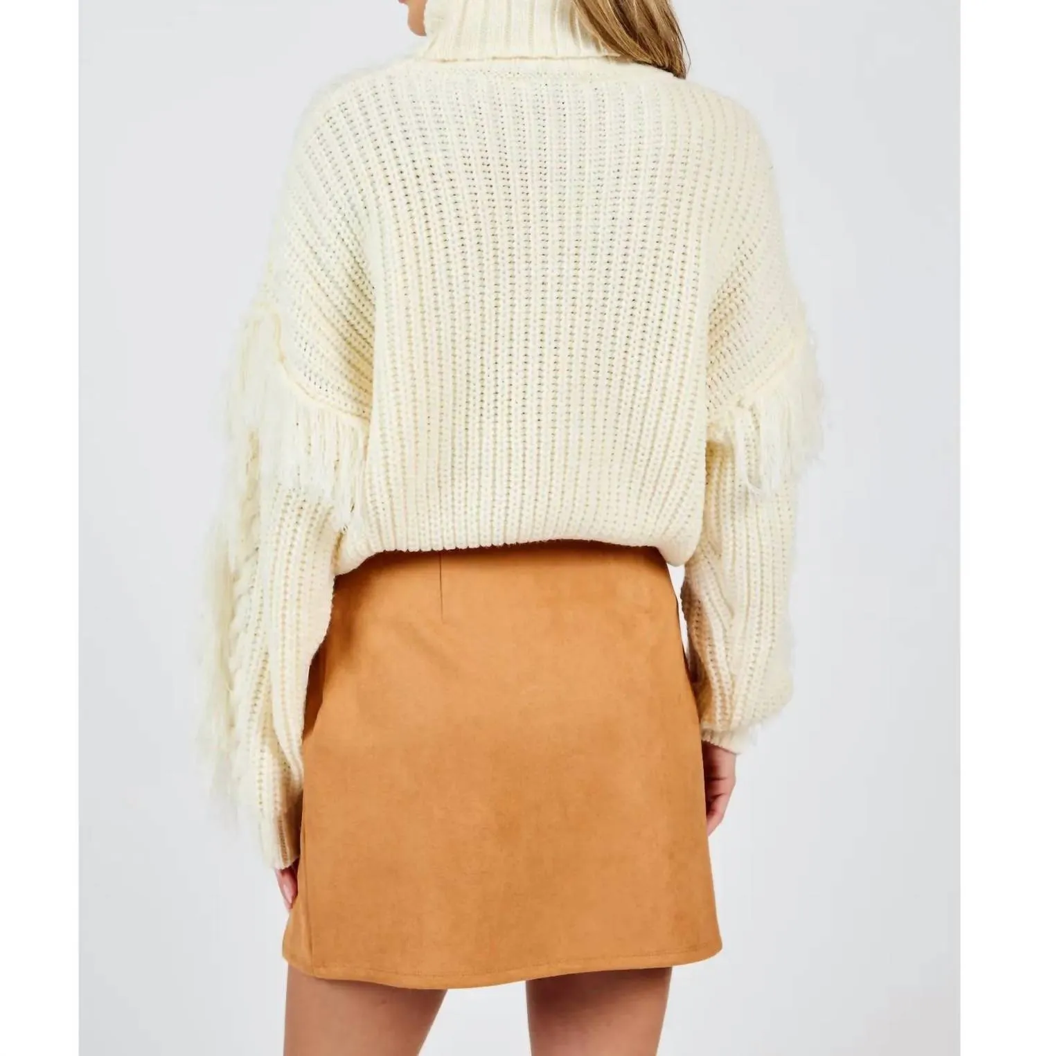 Fringe Sleeve Turtleneck Sweater In Cream